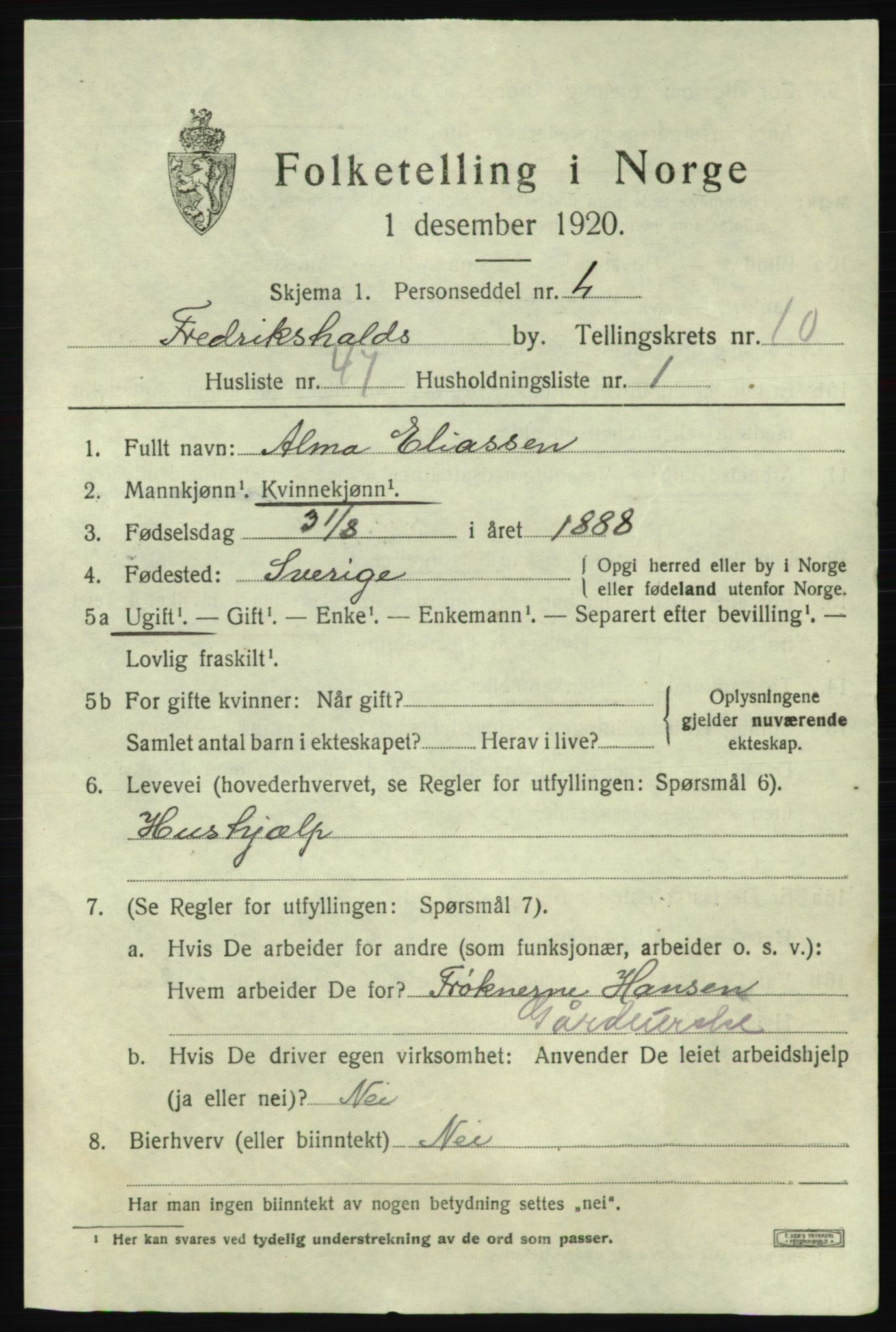 SAO, 1920 census for Fredrikshald, 1920, p. 18719