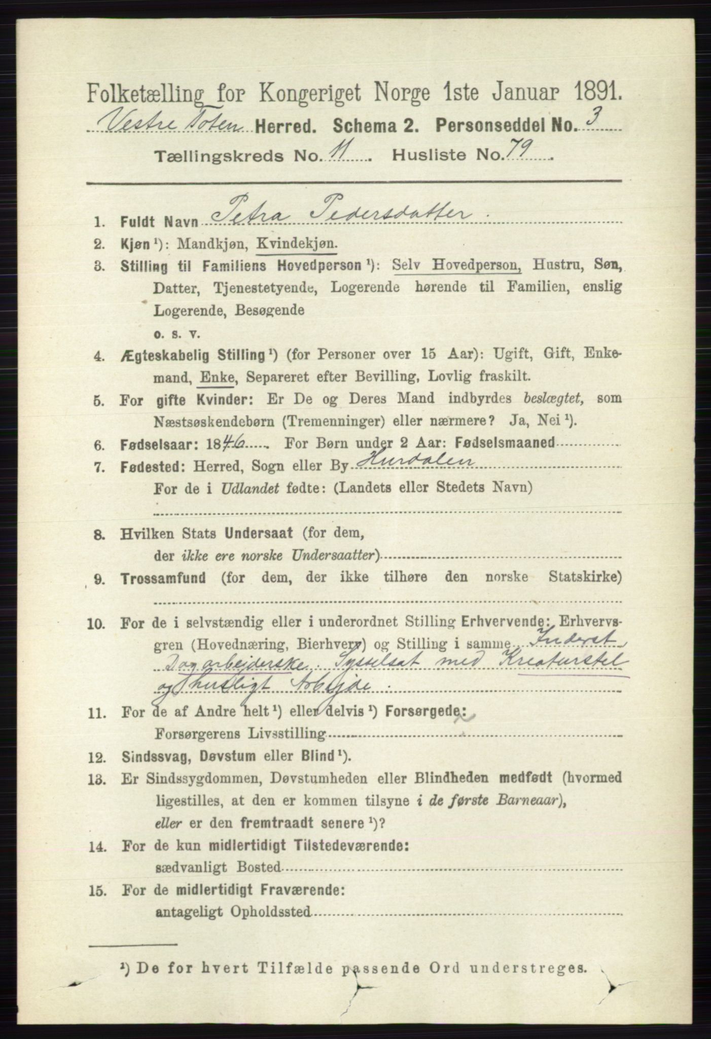 RA, 1891 census for 0529 Vestre Toten, 1891, p. 7186