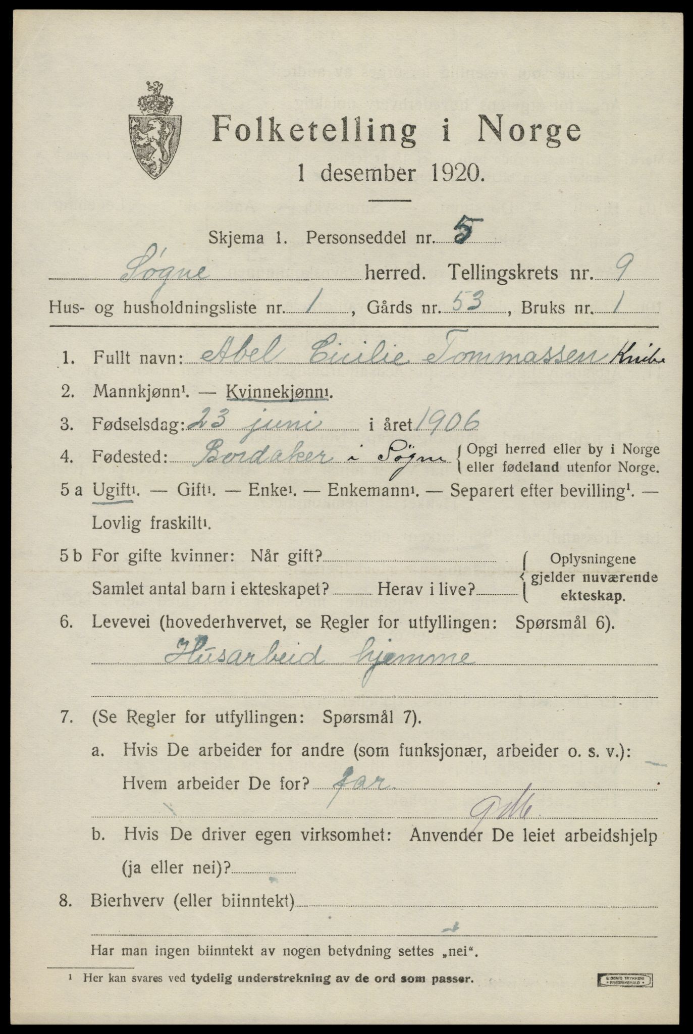 SAK, 1920 census for Søgne, 1920, p. 5299