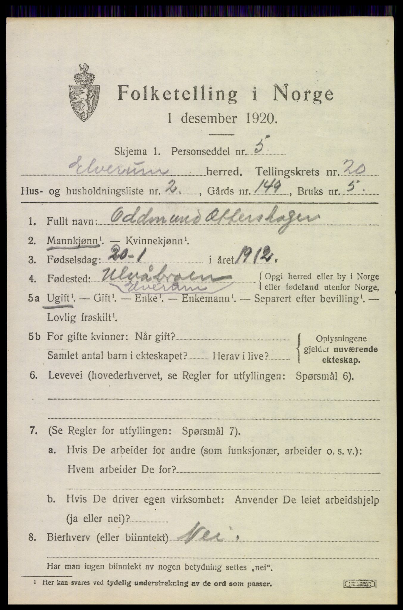 SAH, 1920 census for Elverum, 1920, p. 23301