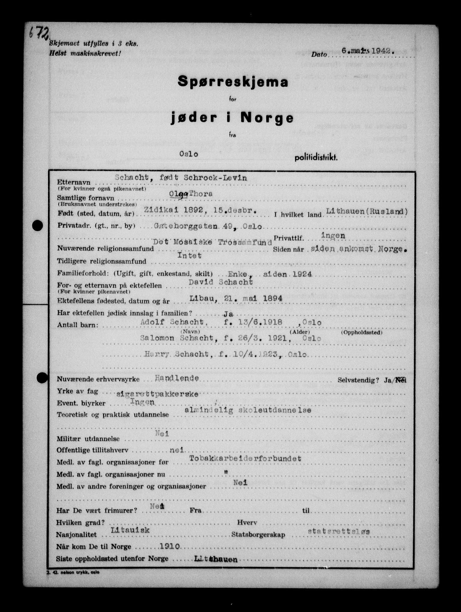 Statspolitiet - Hovedkontoret / Osloavdelingen, AV/RA-S-1329/G/Ga/L0011: Spørreskjema for jøder i Norge. 1: Oslo 610-806 (Plavnik-Zwillinger). 2: Aker 1-113 (Adler-Lewin). , 1942, p. 187