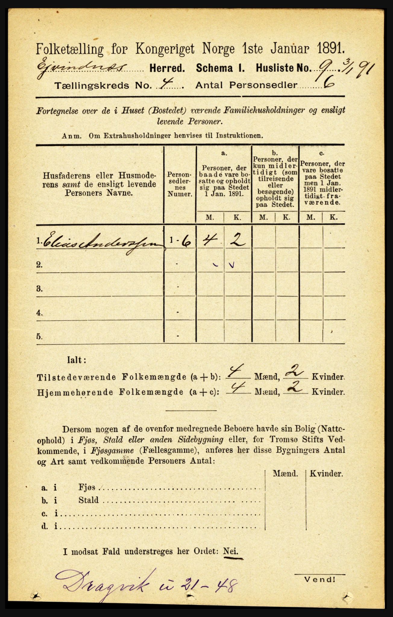 RA, 1891 census for 1853 Evenes, 1891, p. 1184