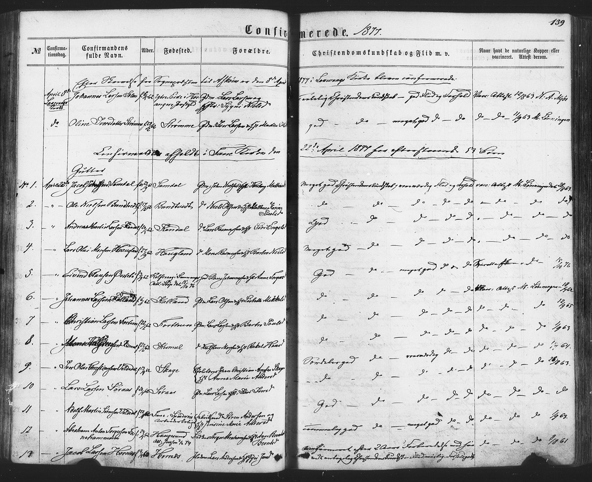 Fana Sokneprestembete, SAB/A-75101/H/Haa/Haaa/L0012: Parish register (official) no. A 12, 1862-1878, p. 139