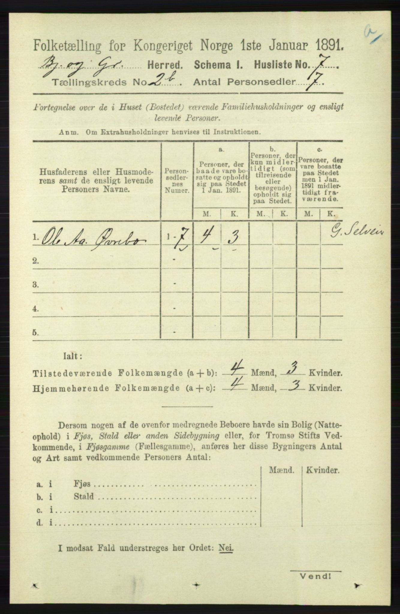 RA, 1891 census for 1024 Bjelland og Grindheim, 1891, p. 1083