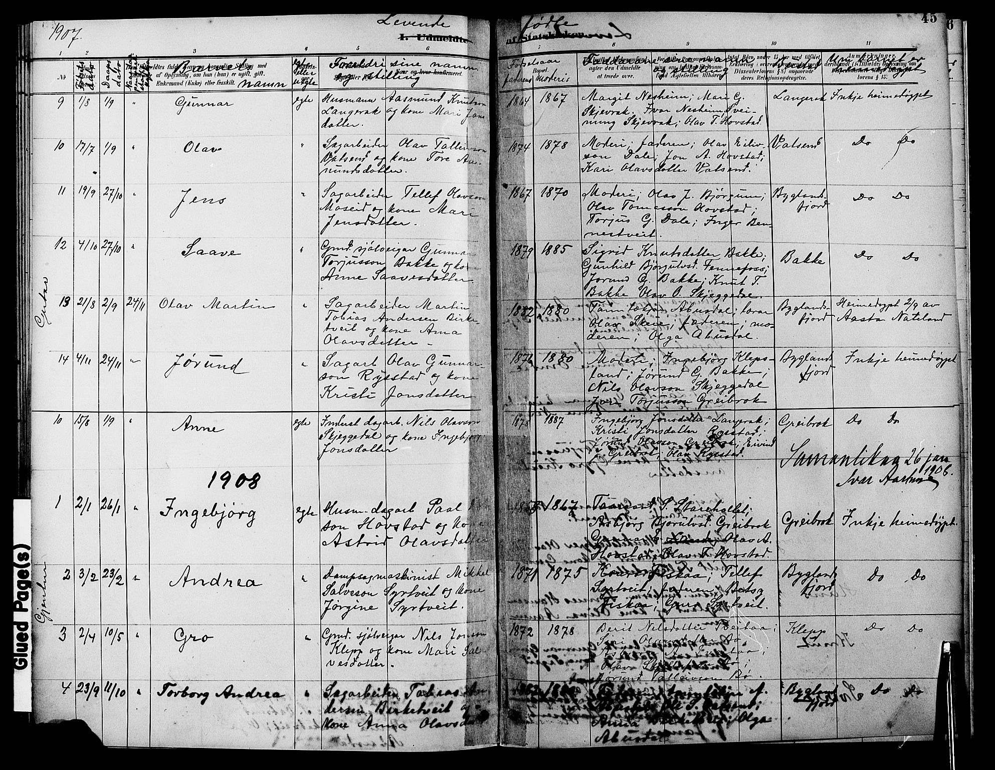 Bygland sokneprestkontor, AV/SAK-1111-0006/F/Fb/Fbd/L0002: Parish register (copy) no. B 2, 1894-1909, p. 45