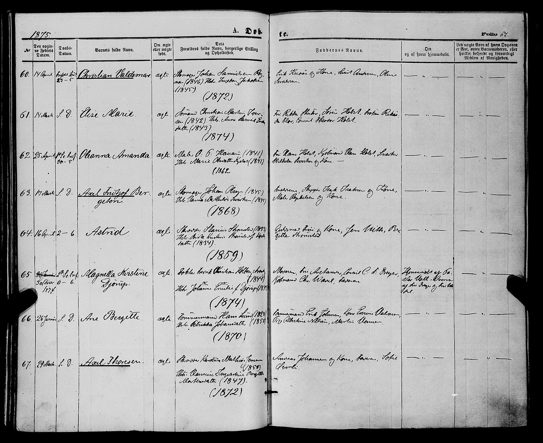 Tromsø sokneprestkontor/stiftsprosti/domprosti, SATØ/S-1343/G/Ga/L0013kirke: Parish register (official) no. 13, 1872-1877, p. 67