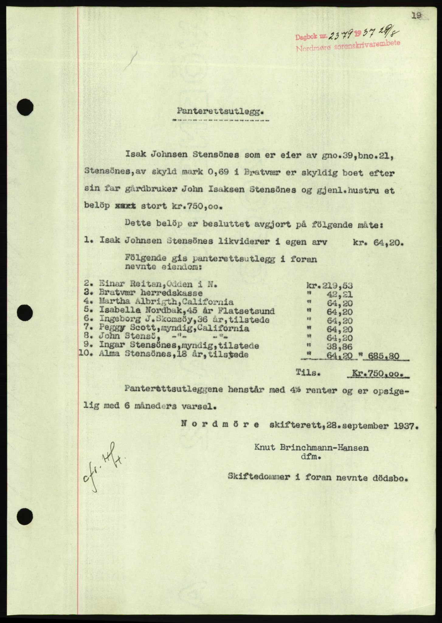 Nordmøre sorenskriveri, AV/SAT-A-4132/1/2/2Ca/L0092: Mortgage book no. B82, 1937-1938, Diary no: : 2379/1937