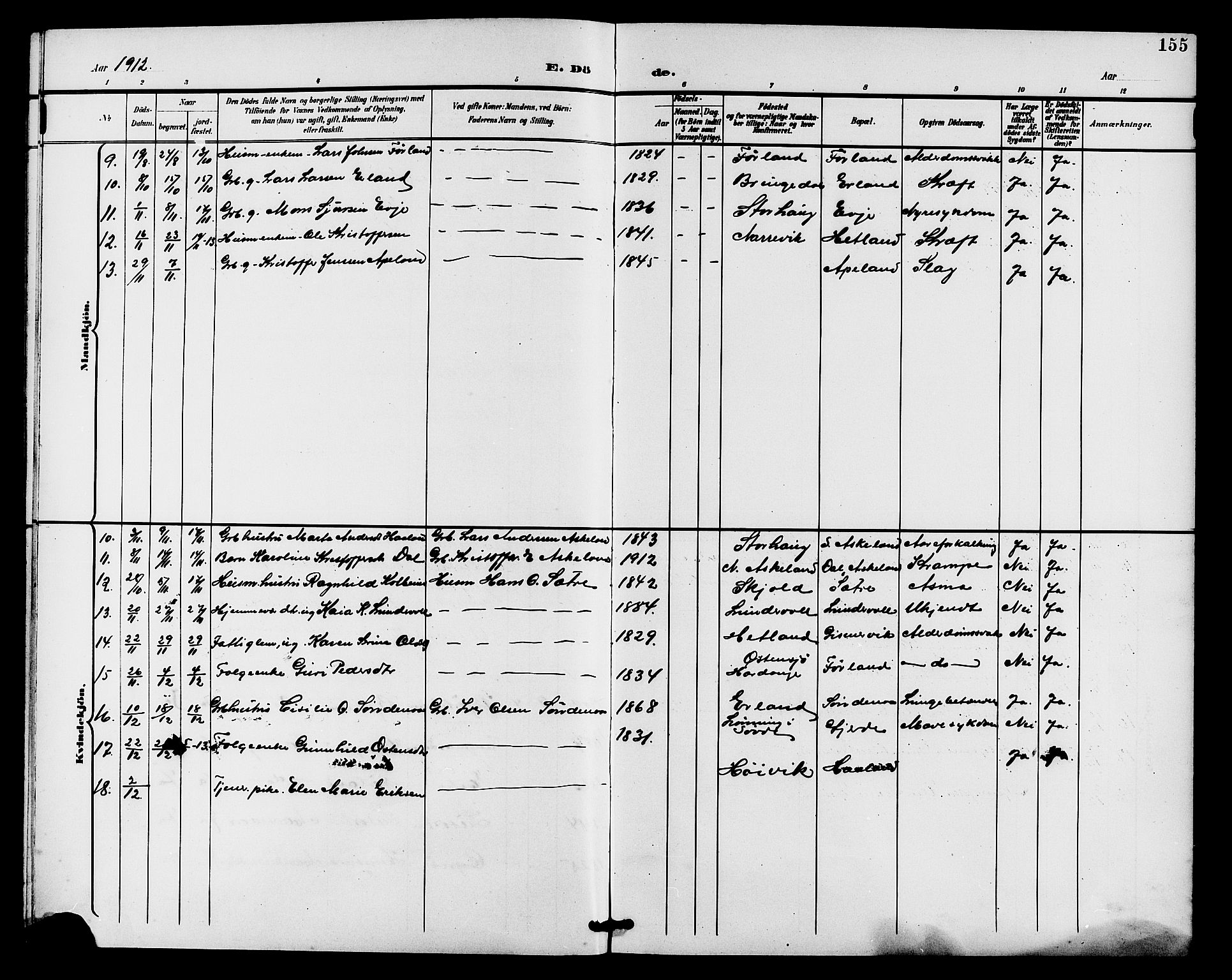 Tysvær sokneprestkontor, AV/SAST-A -101864/H/Ha/Haa/L0008: Parish register (official) no. A 8, 1897-1912, p. 155