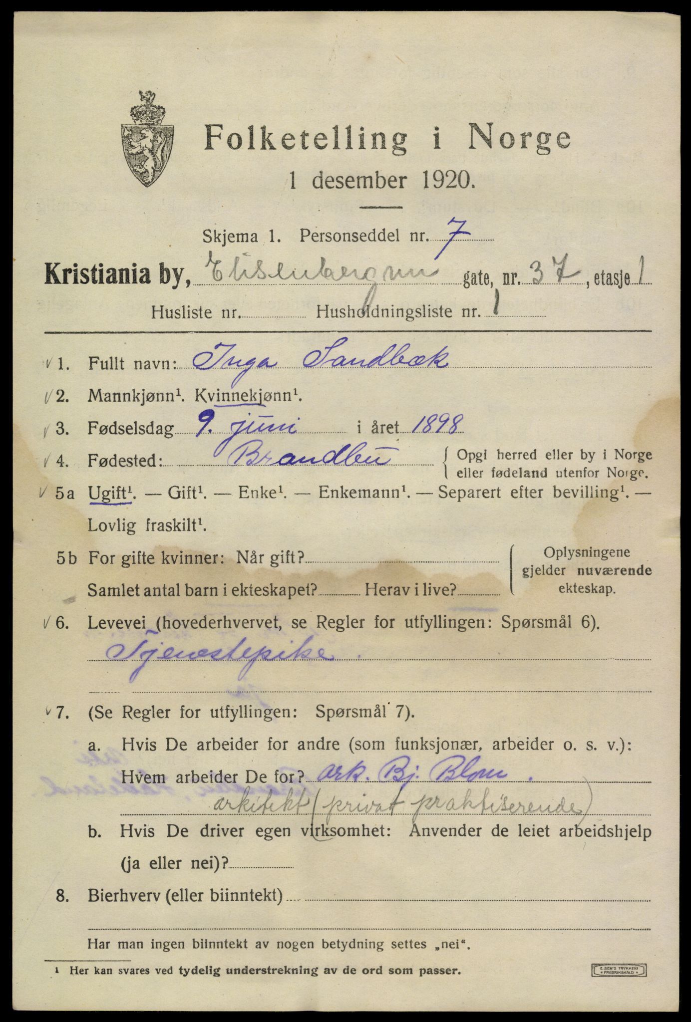 SAO, 1920 census for Kristiania, 1920, p. 215015