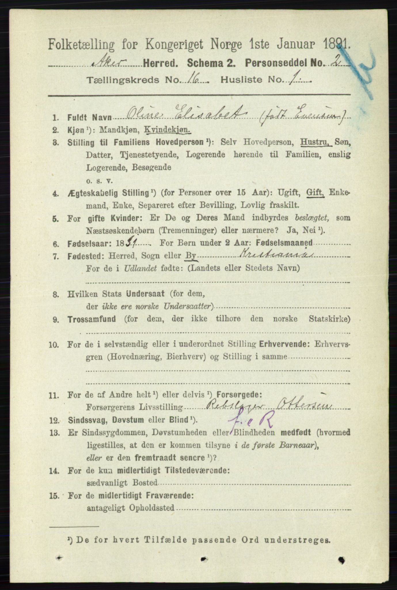 RA, 1891 census for 0218 Aker, 1891, p. 14038