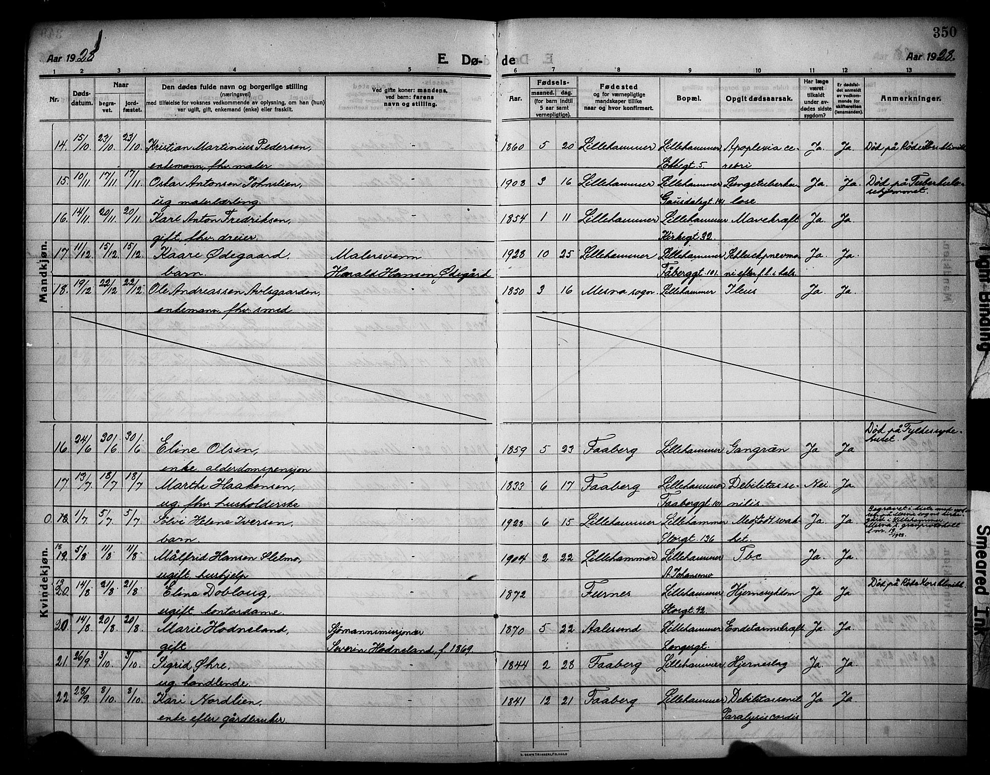 Lillehammer prestekontor, AV/SAH-PREST-088/H/Ha/Hab/L0002: Parish register (copy) no. 2, 1913-1929, p. 350