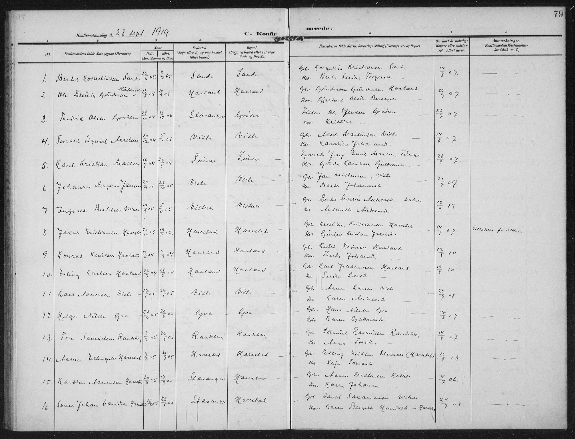 Hetland sokneprestkontor, AV/SAST-A-101826/30/30BA: Parish register (official) no. A 14, 1905-1919, p. 79