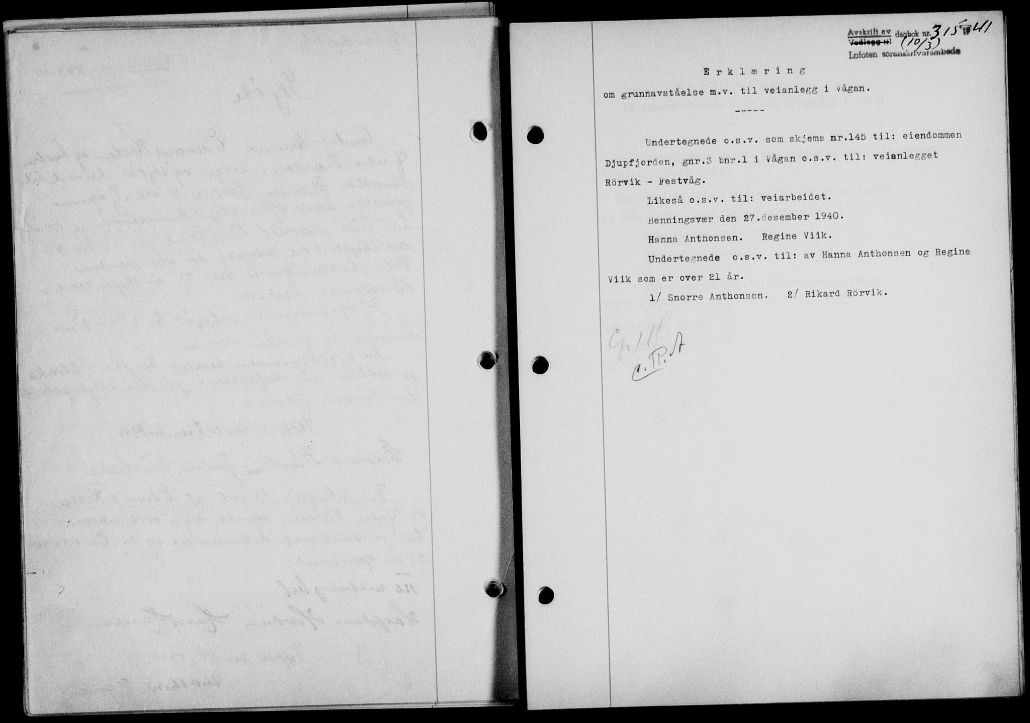 Lofoten sorenskriveri, SAT/A-0017/1/2/2C/L0008a: Mortgage book no. 8a, 1940-1941, Diary no: : 315/1941