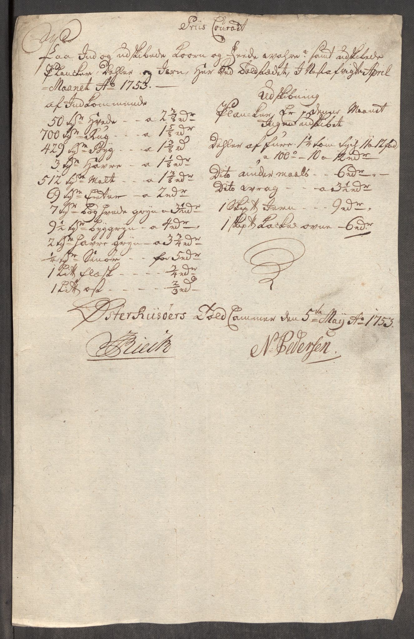 Rentekammeret inntil 1814, Realistisk ordnet avdeling, AV/RA-EA-4070/Oe/L0005: [Ø1]: Priskuranter, 1753-1757, p. 120