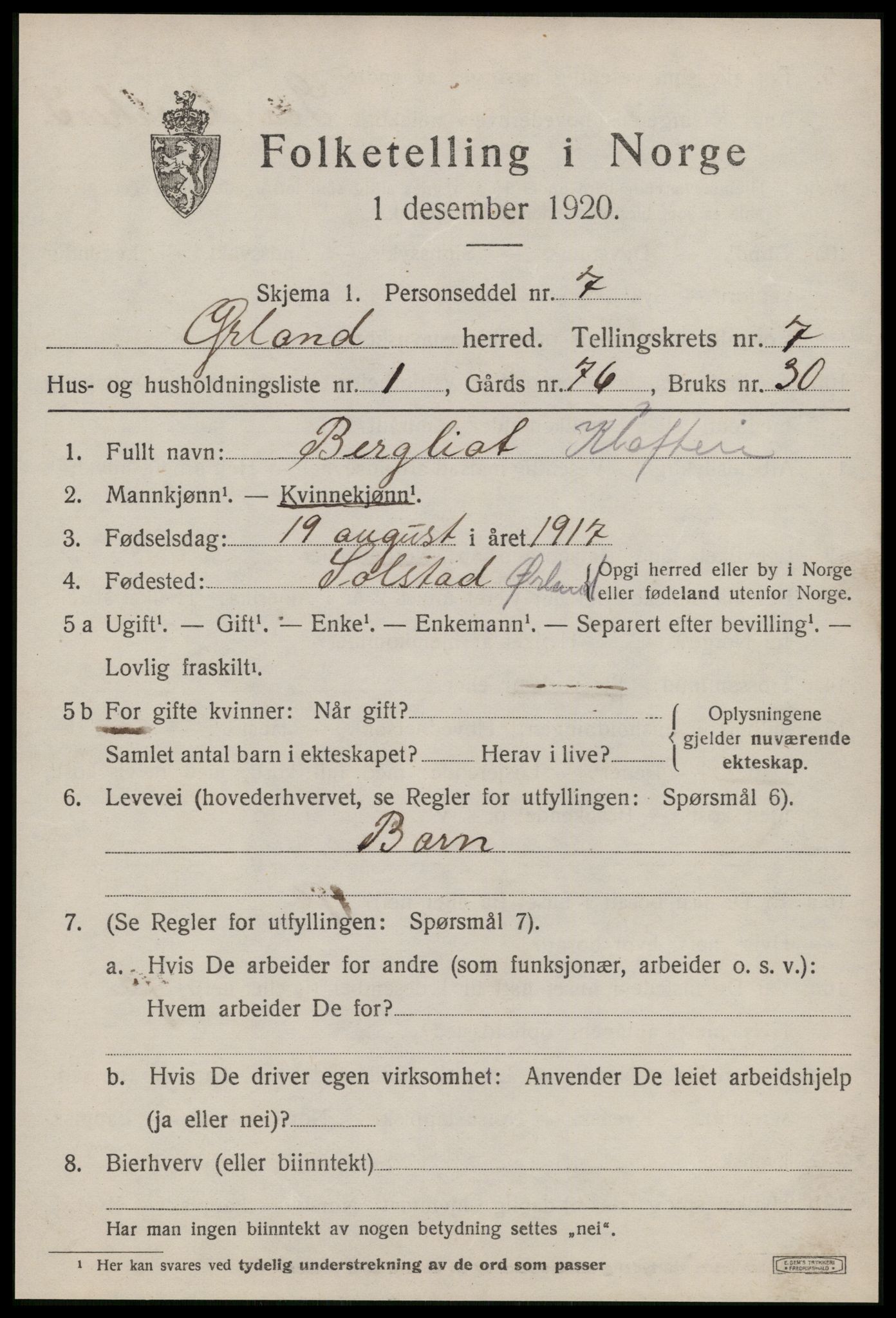 SAT, 1920 census for Ørland, 1920, p. 6105