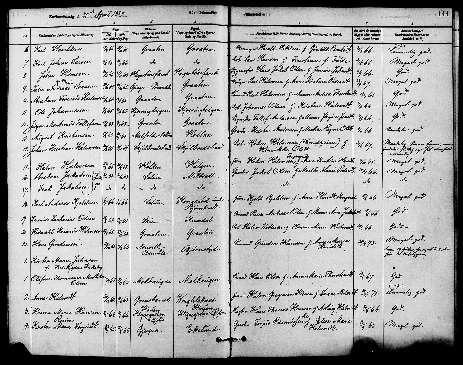 Solum kirkebøker, SAKO/A-306/F/Fa/L0009: Parish register (official) no. I 9, 1877-1887, p. 144