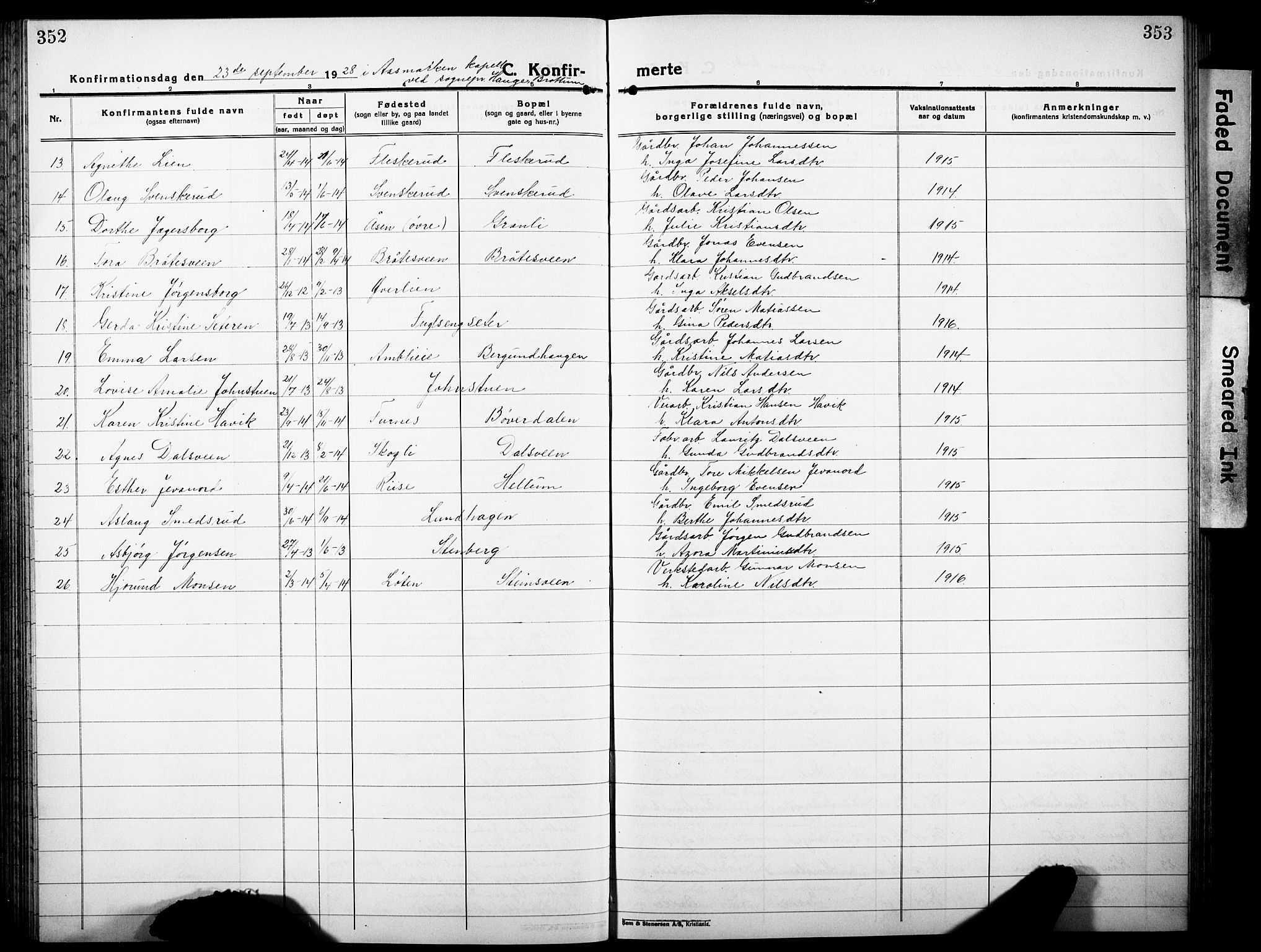 Ringsaker prestekontor, AV/SAH-PREST-014/L/La/L0019: Parish register (copy) no. 19, 1923-1933, p. 352-353