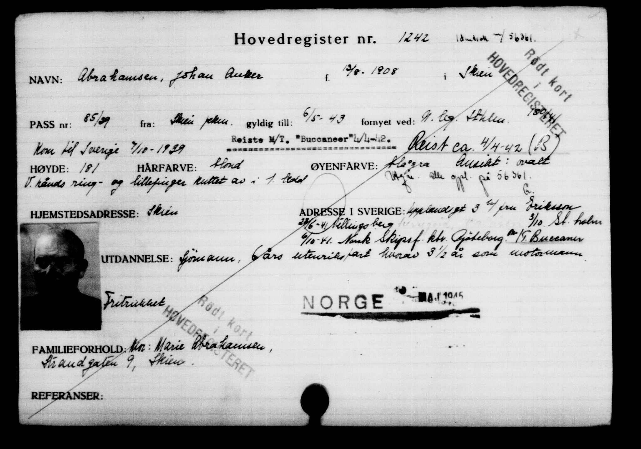 Utenriksstasjonene, Legasjonen i Stockholm, Flyktningkontoret, AV/RA-S-6753/V/Va/L0002: Kjesäterkartoteket, flyktninger med registreringsnr. 1001-2000, 1940-1945, p. 361