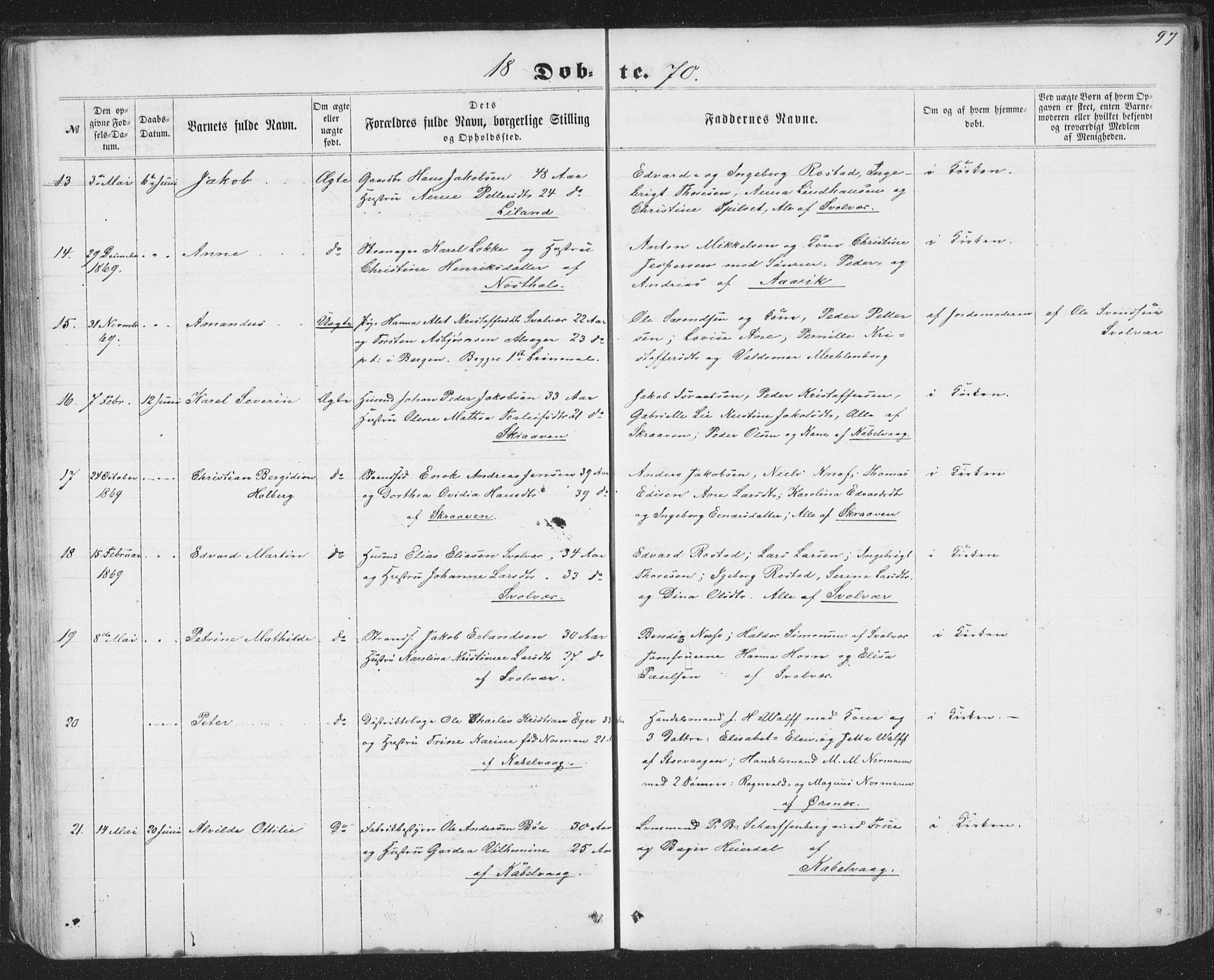 Ministerialprotokoller, klokkerbøker og fødselsregistre - Nordland, AV/SAT-A-1459/874/L1073: Parish register (copy) no. 874C02, 1860-1870, p. 97