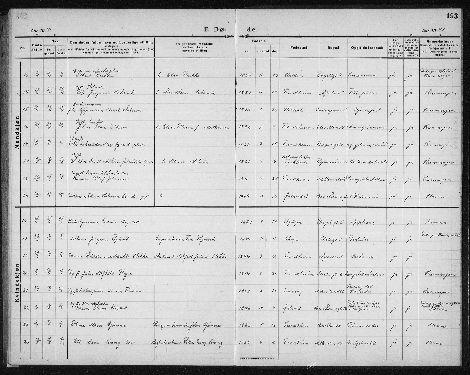 Ministerialprotokoller, klokkerbøker og fødselsregistre - Sør-Trøndelag, SAT/A-1456/603/L0176: Parish register (copy) no. 603C04, 1923-1941, p. 193