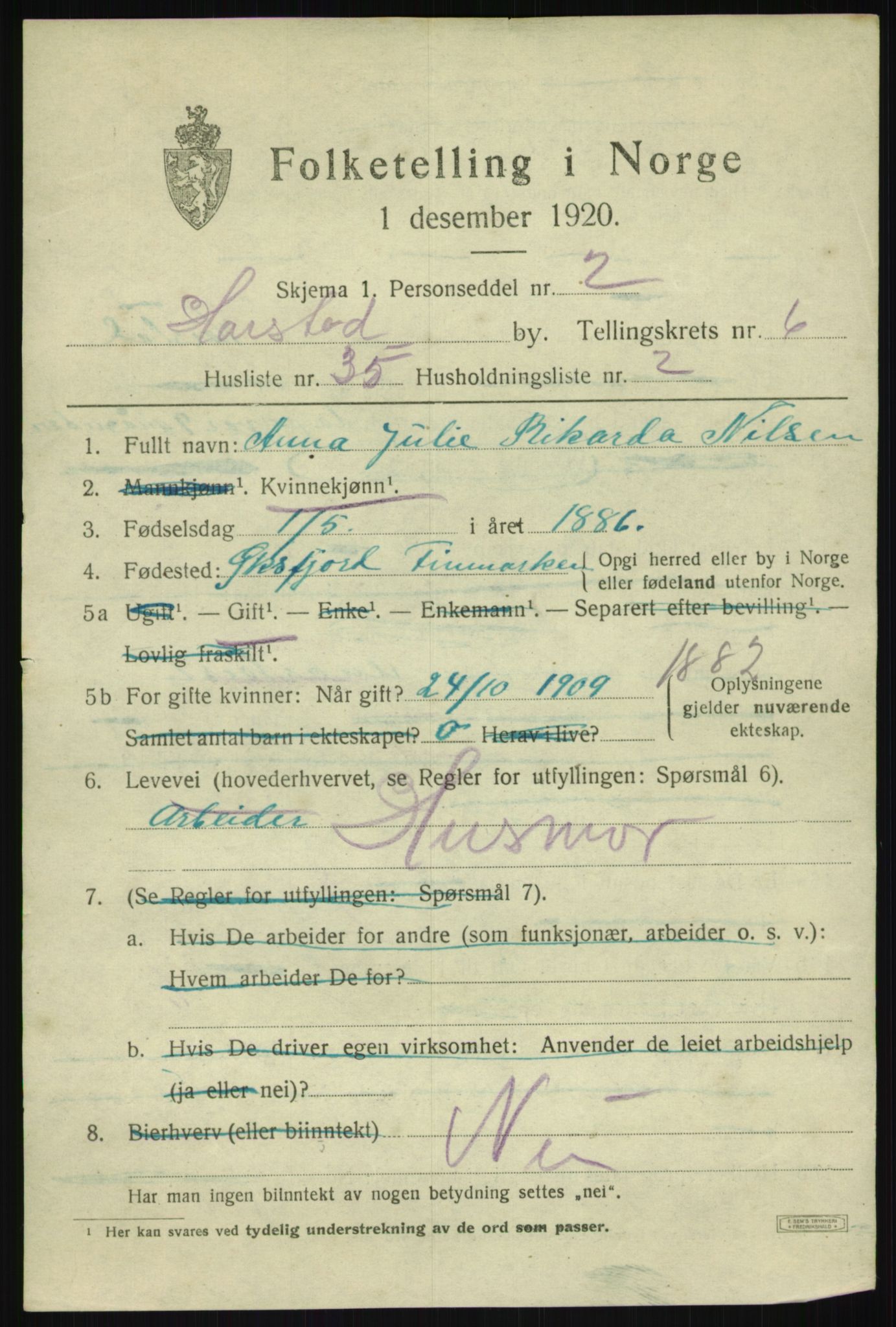 SATØ, 1920 census for Harstad, 1920, p. 8350