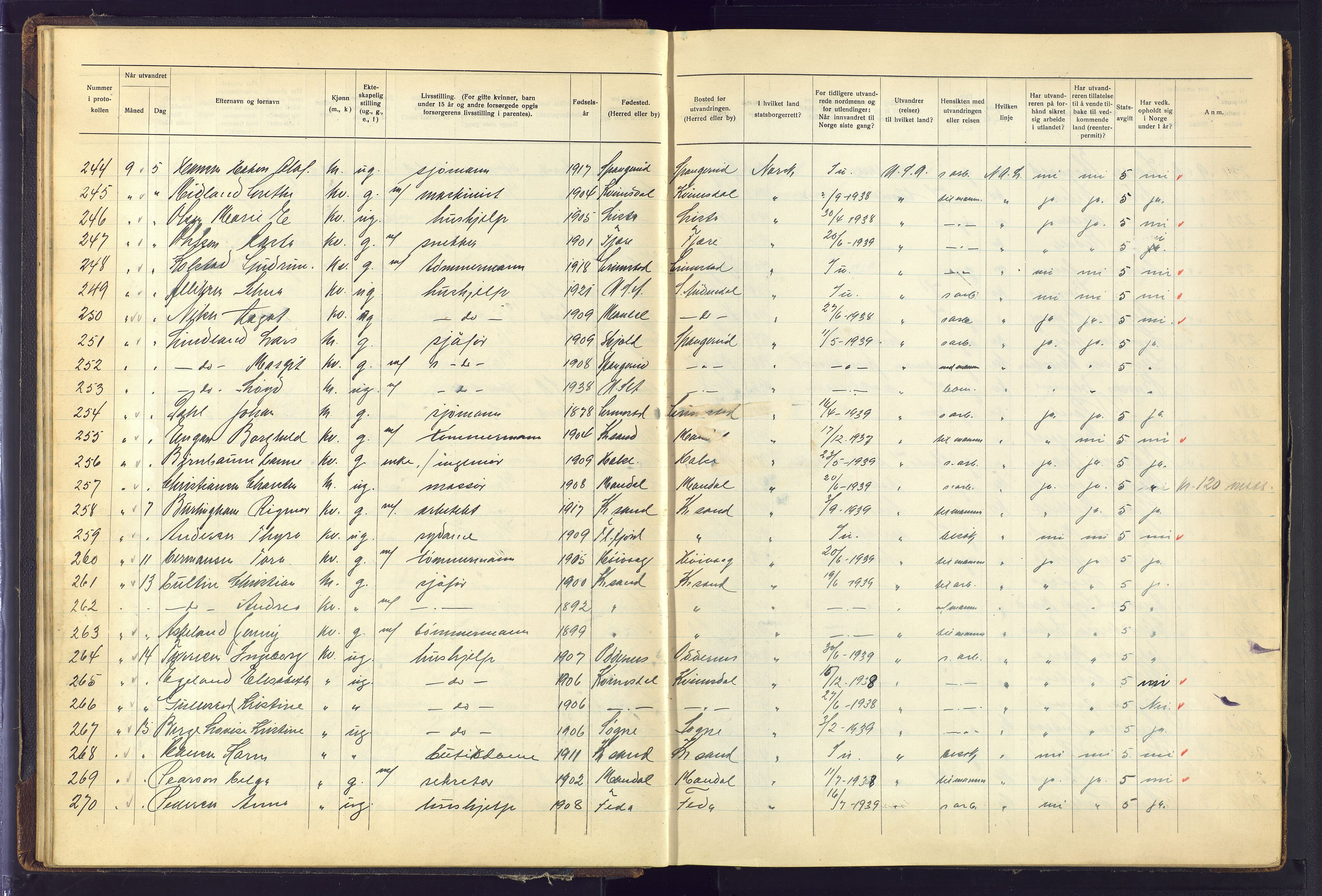 Kristiansand politikammer, AV/SAK-1243-0004/K/Kb/L0248: Emigrantprotokoll, 1938-1951, p. 26