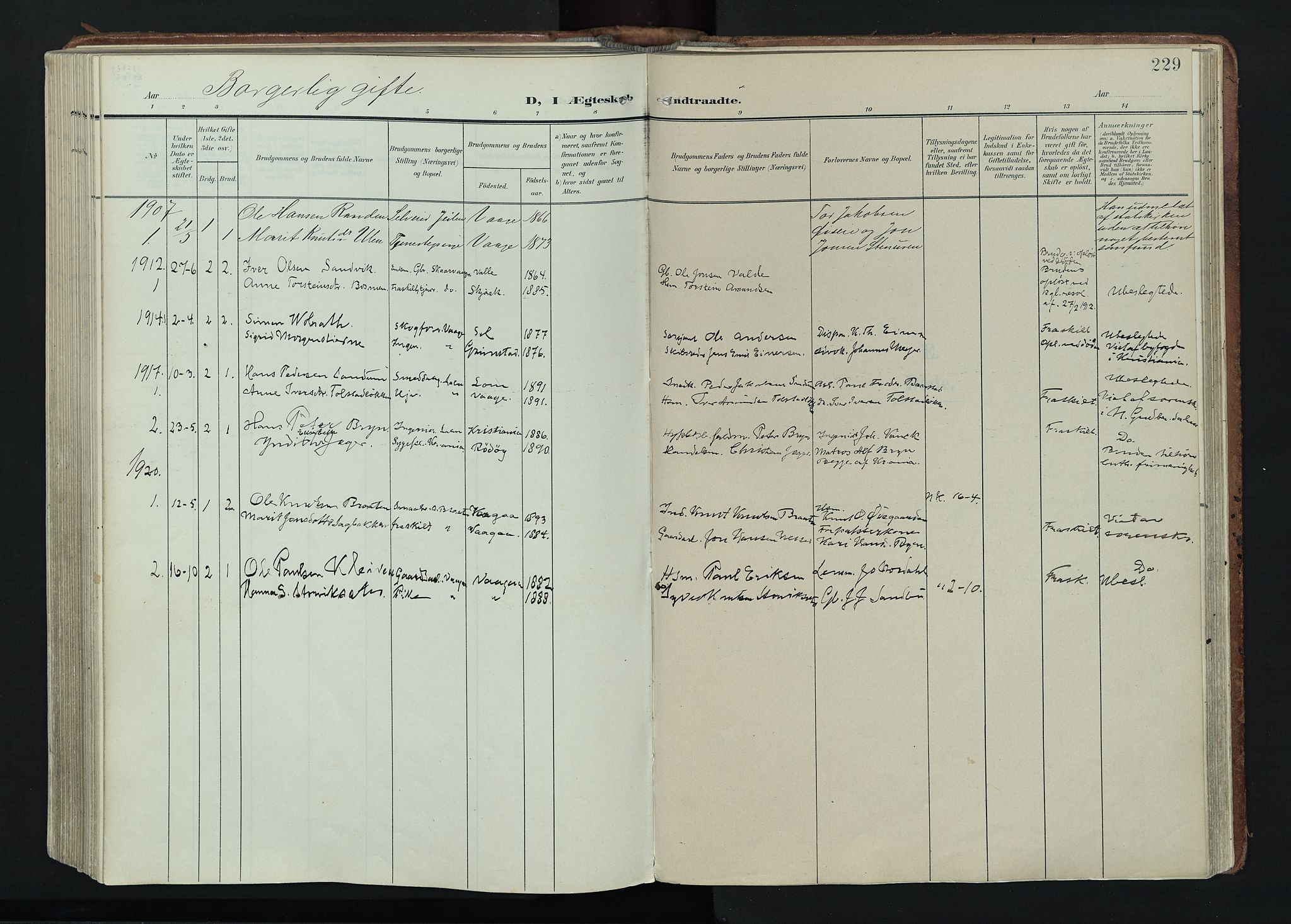 Vågå prestekontor, AV/SAH-PREST-076/H/Ha/Haa/L0011: Parish register (official) no. 11, 1905-1924, p. 229