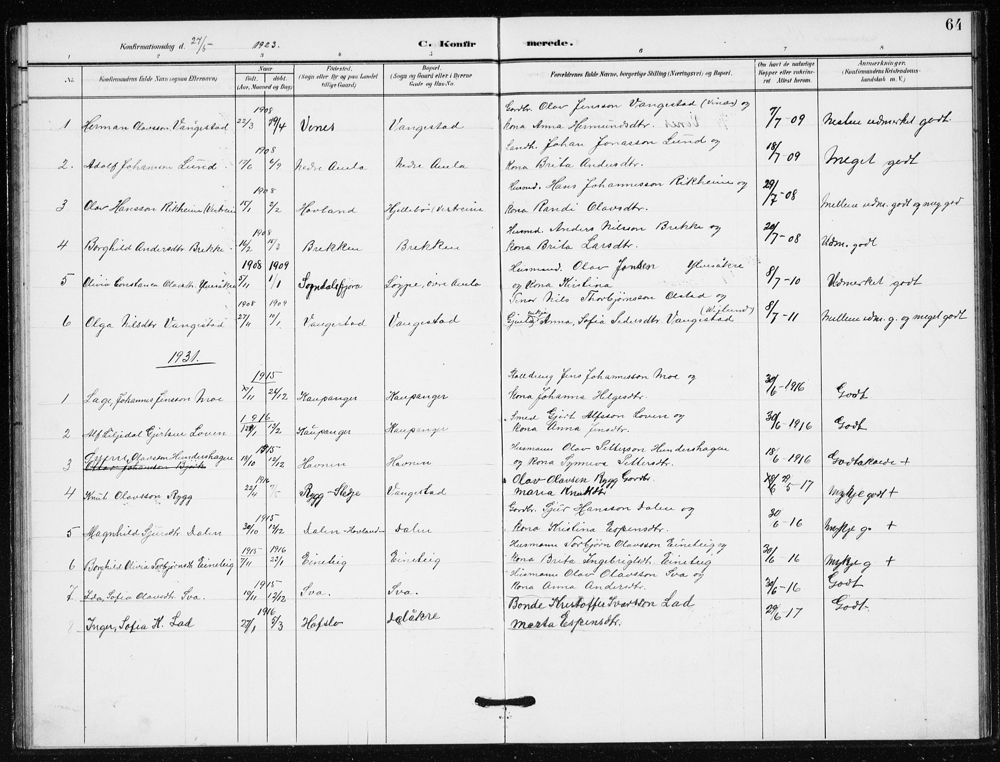 Sogndal sokneprestembete, AV/SAB-A-81301/H/Hab/Habb/L0002: Parish register (copy) no. B 2, 1908-1933, p. 64