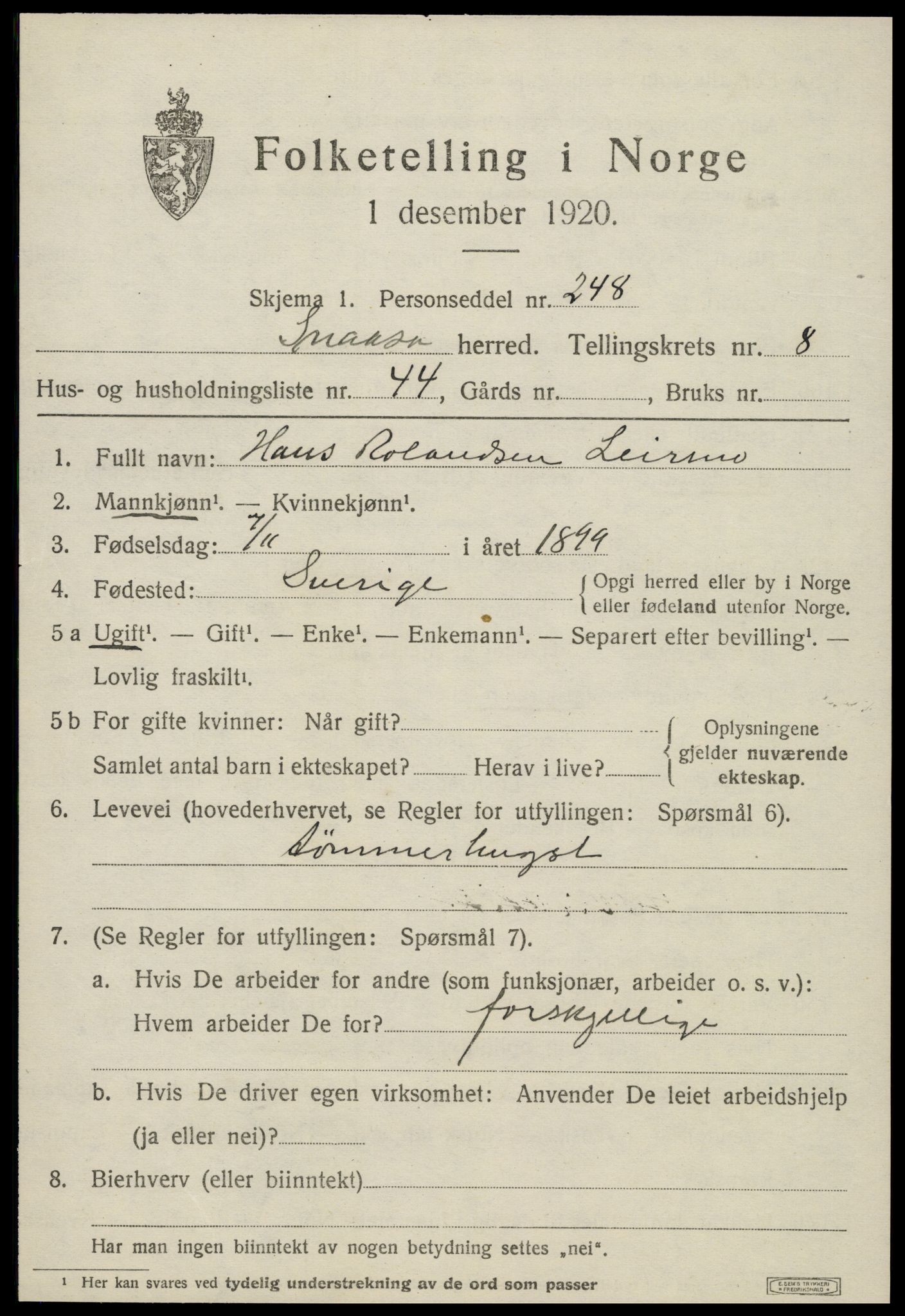 SAT, 1920 census for Snåsa, 1920, p. 3668