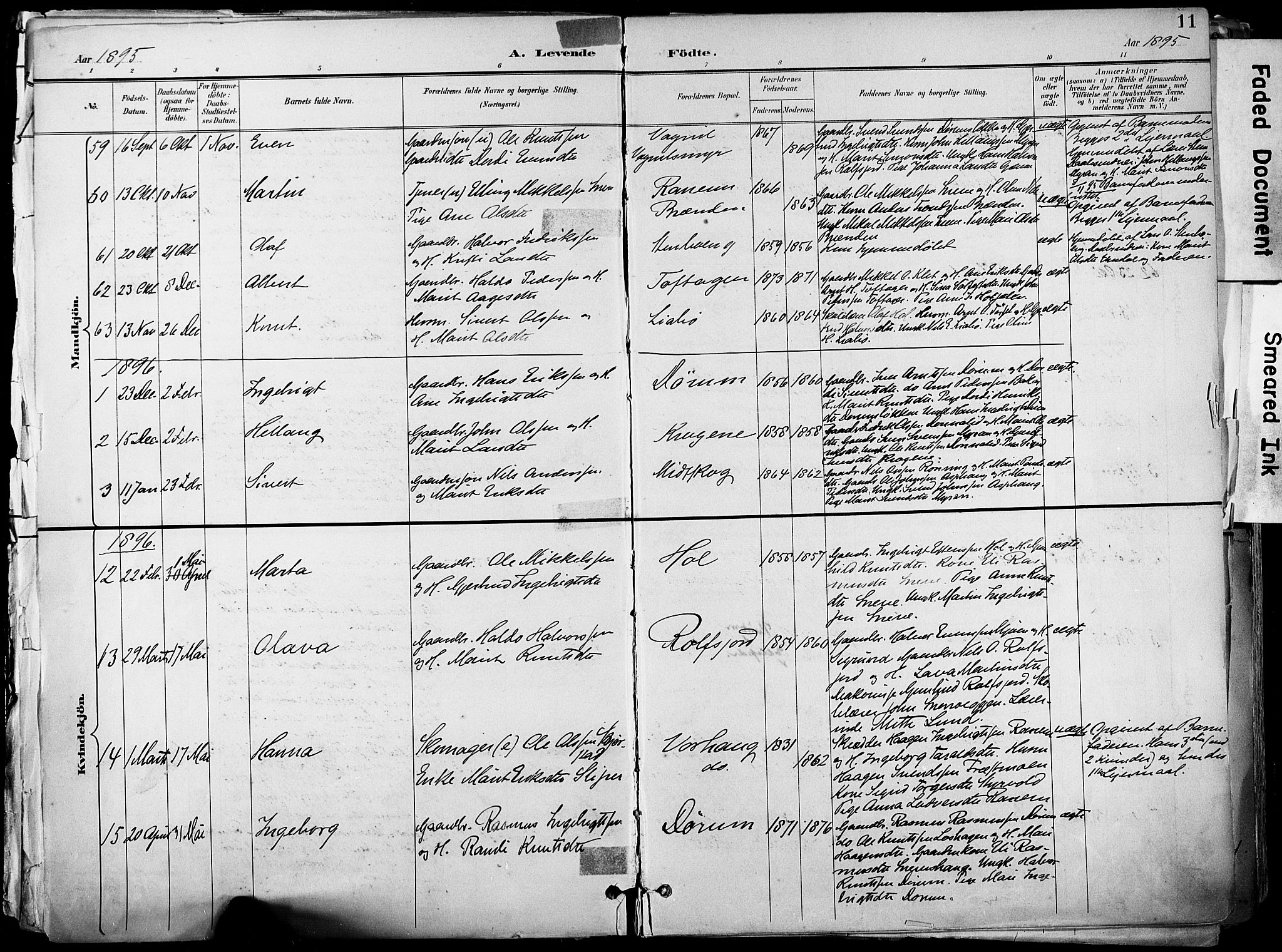 Ministerialprotokoller, klokkerbøker og fødselsregistre - Sør-Trøndelag, AV/SAT-A-1456/678/L0902: Parish register (official) no. 678A11, 1895-1911, p. 11