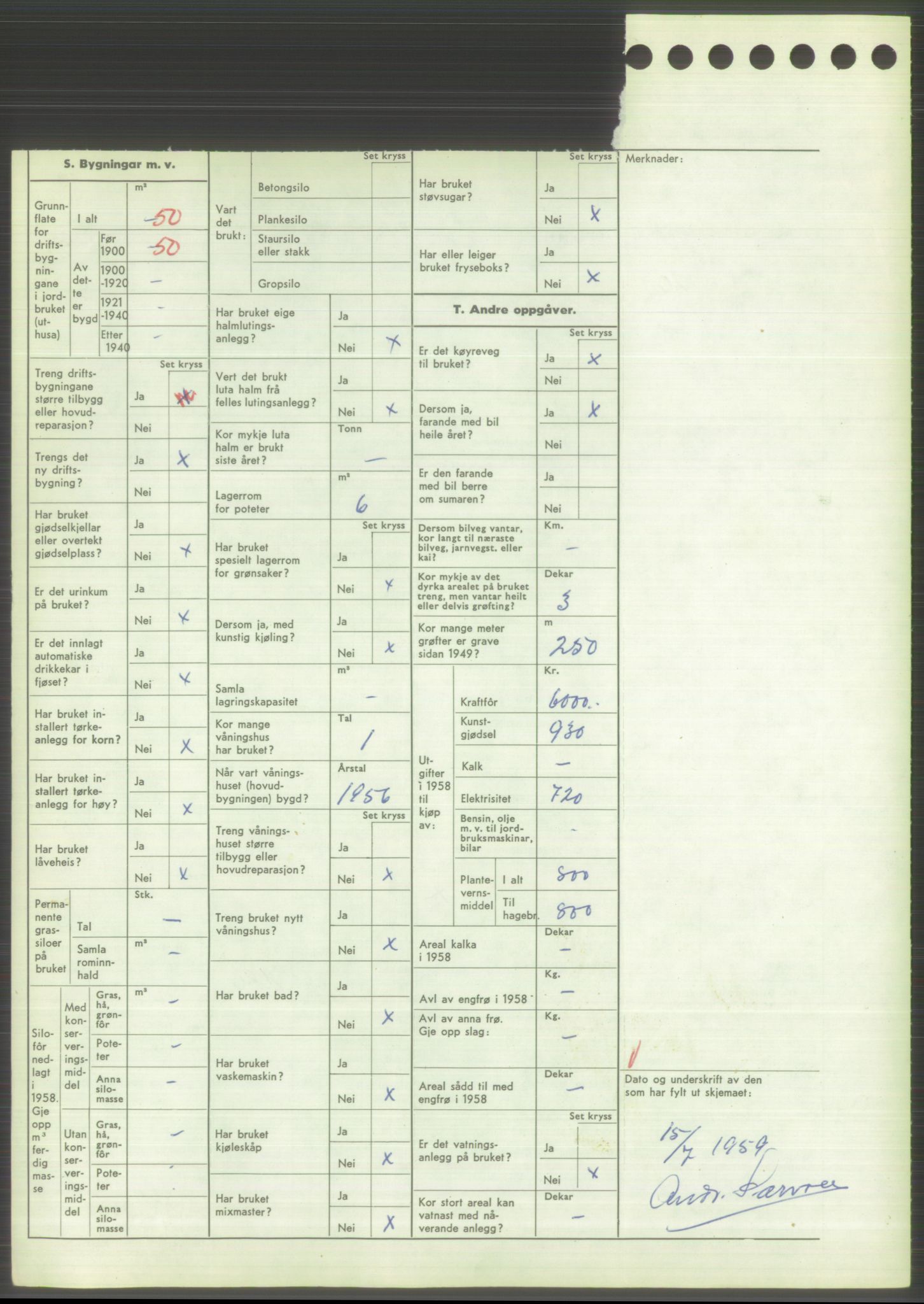 Statistisk sentralbyrå, Næringsøkonomiske emner, Jordbruk, skogbruk, jakt, fiske og fangst, AV/RA-S-2234/G/Gd/L0373: Rogaland: 1130 Strand (kl. 1-2), 1131 Årdal og 1132 Fister, 1959, p. 1132