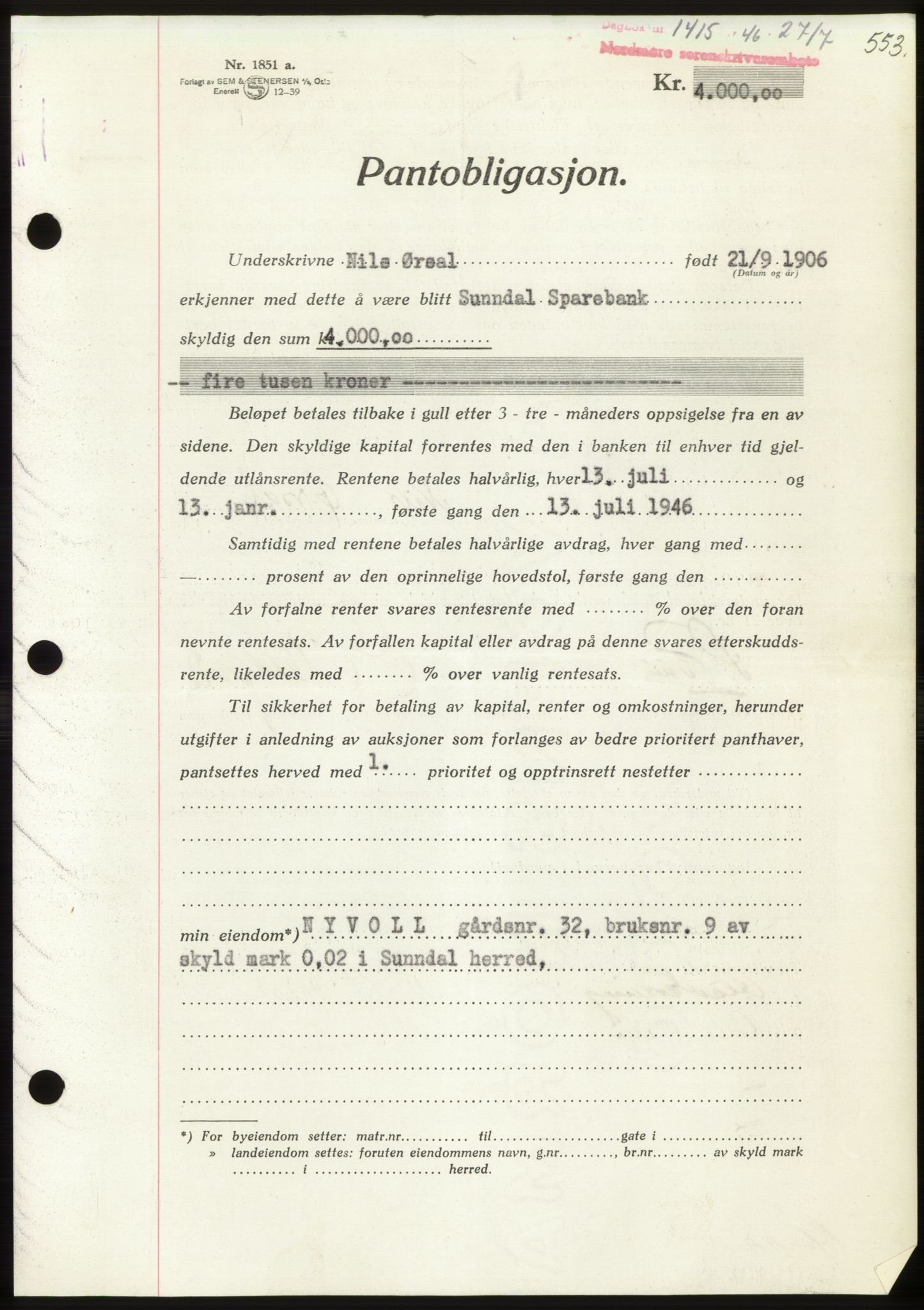 Nordmøre sorenskriveri, AV/SAT-A-4132/1/2/2Ca: Mortgage book no. B94, 1946-1946, Diary no: : 1415/1946