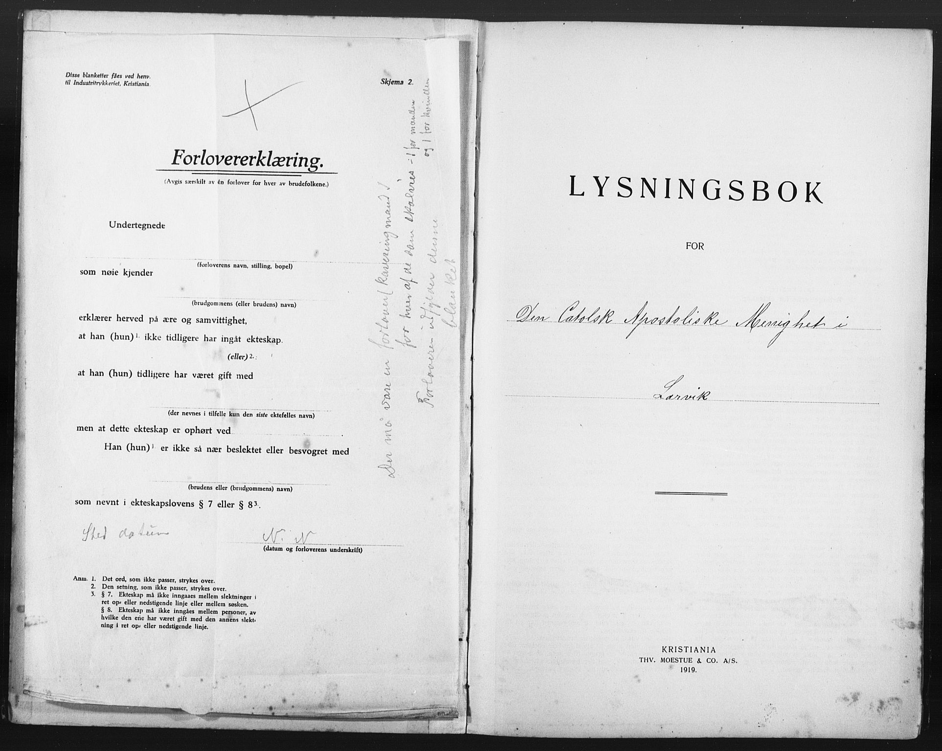 Den katolsk-apostoliske menighet i Larvik, AV/SAKO-P-953/G/Ga/L0001: Dissenter register no. 1, 1919-1922