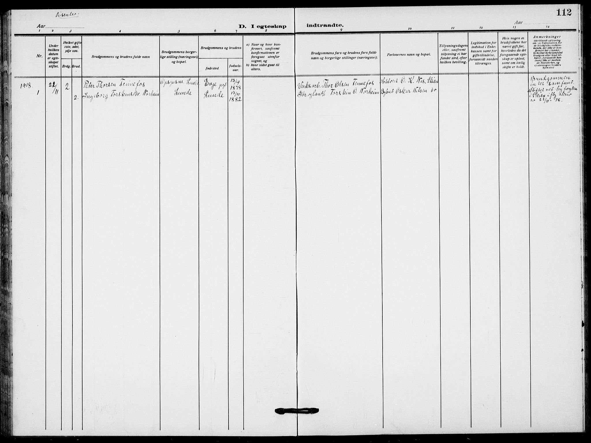 Lunde kirkebøker, SAKO/A-282/F/Fa/L0005: Parish register (official) no. I 5, 1914-1922, p. 112