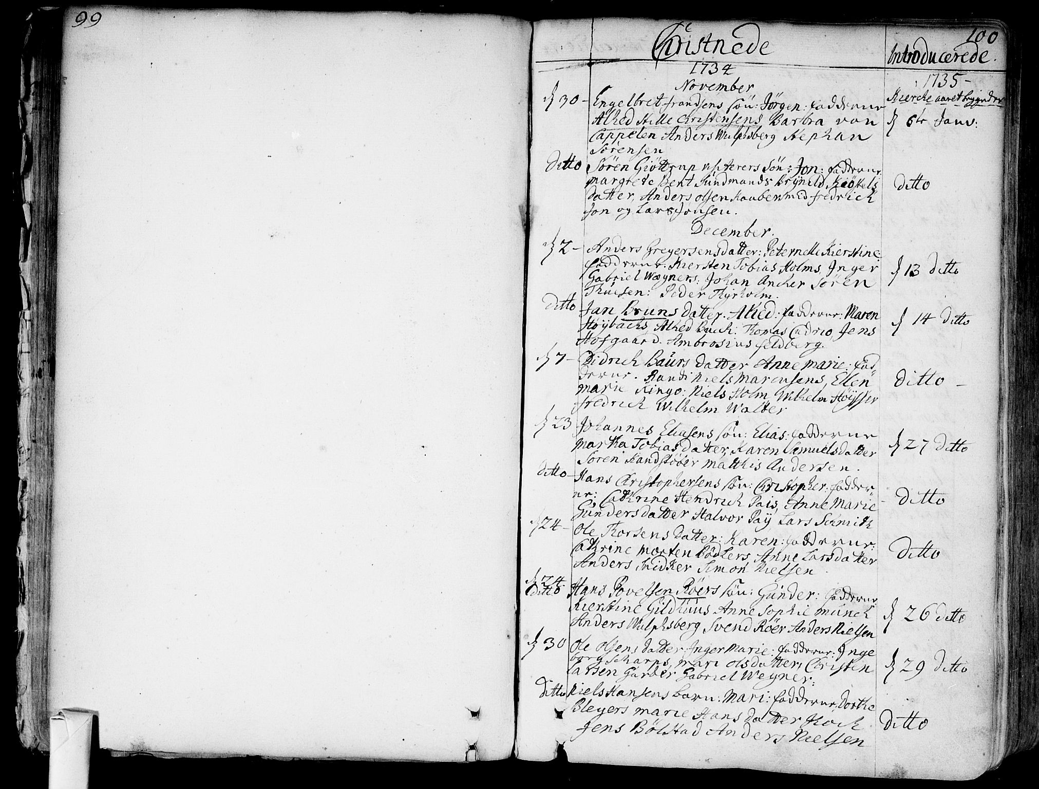 Bragernes kirkebøker, SAKO/A-6/F/Fa/L0004: Parish register (official) no. I 4, 1734-1759, p. 99-100
