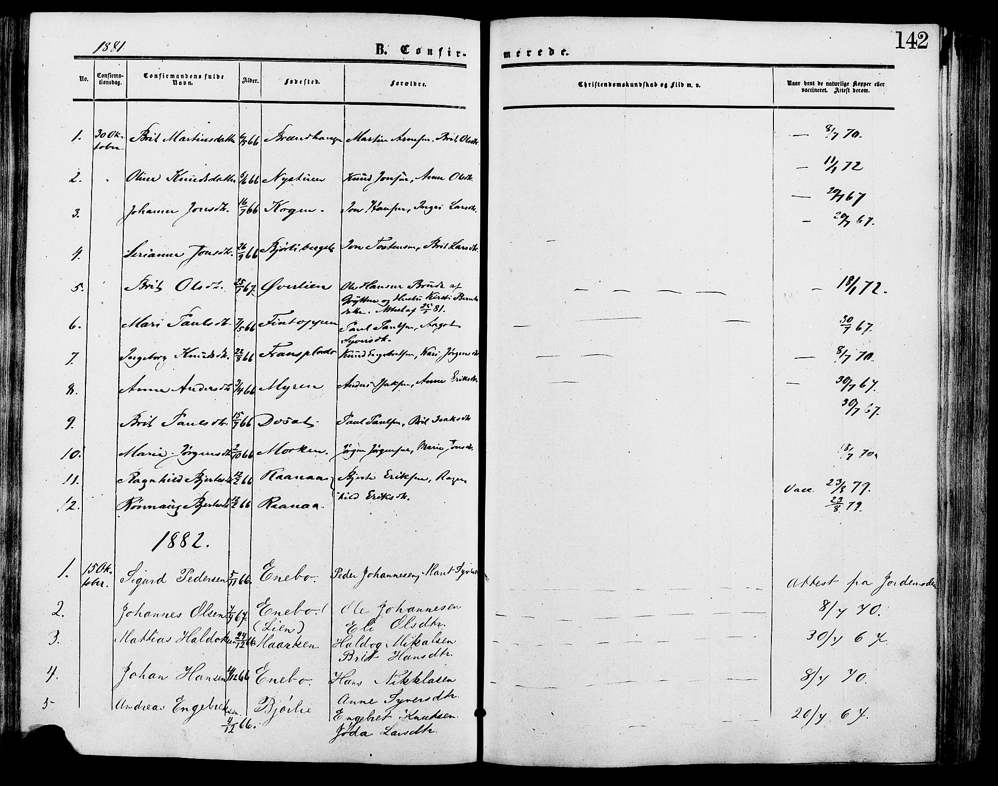 Lesja prestekontor, SAH/PREST-068/H/Ha/Haa/L0009: Parish register (official) no. 9, 1854-1889, p. 142