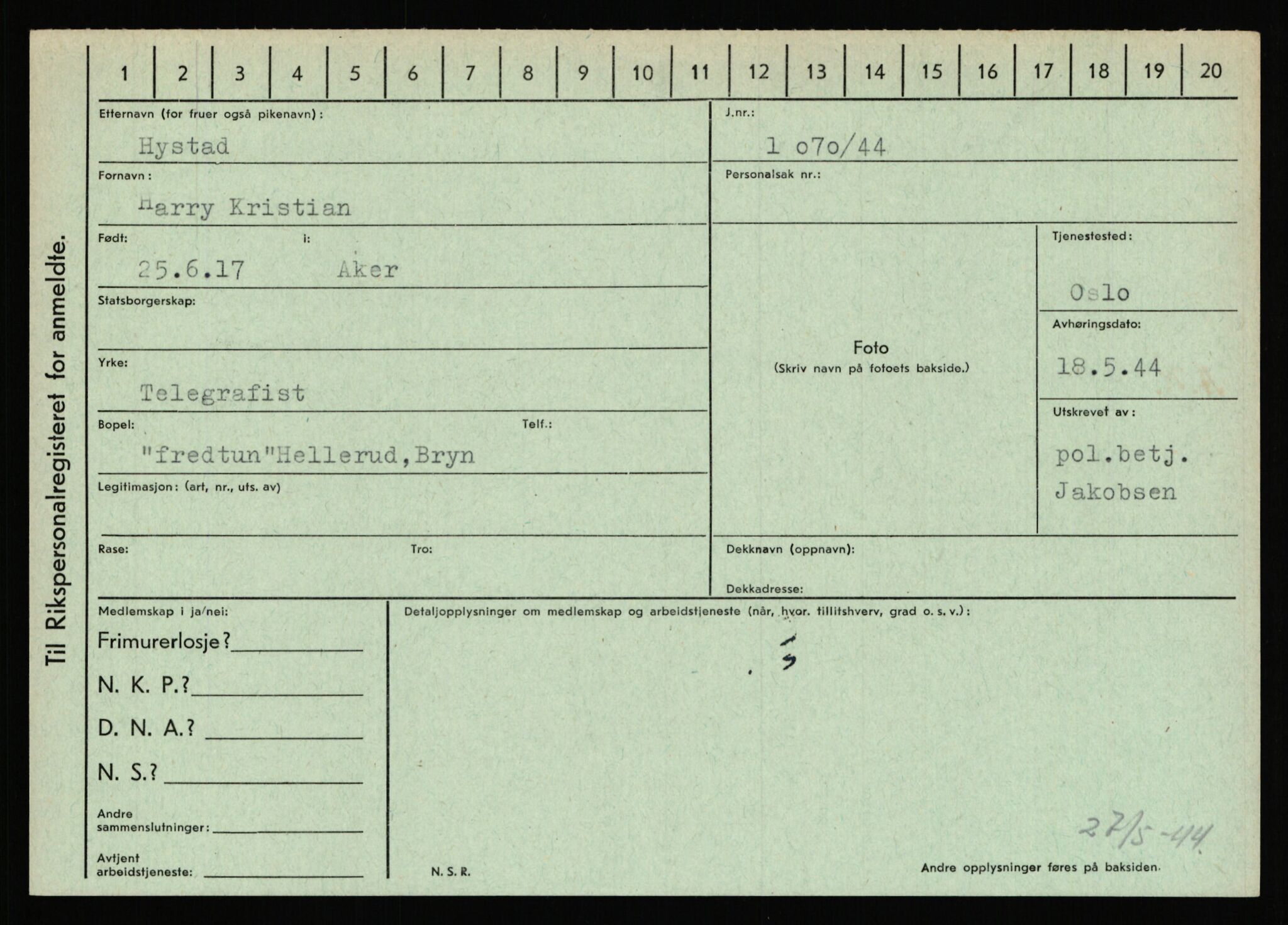 Statspolitiet - Hovedkontoret / Osloavdelingen, AV/RA-S-1329/C/Ca/L0007: Hol - Joelsen, 1943-1945, p. 1593