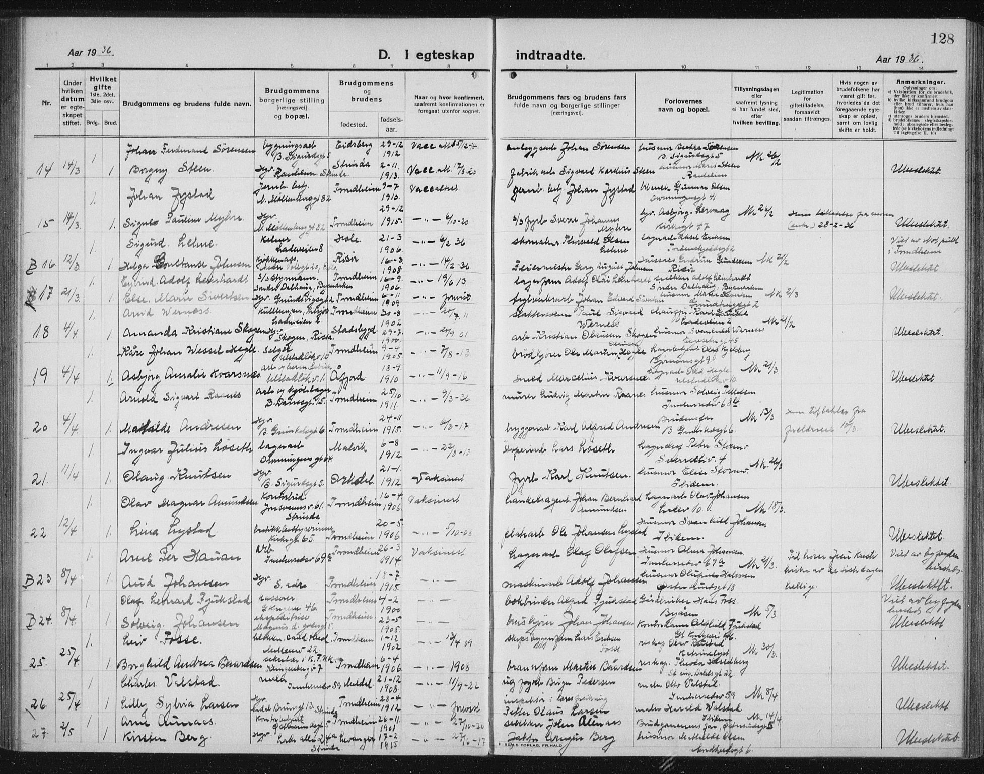 Ministerialprotokoller, klokkerbøker og fødselsregistre - Sør-Trøndelag, AV/SAT-A-1456/605/L0260: Parish register (copy) no. 605C07, 1922-1942, p. 128