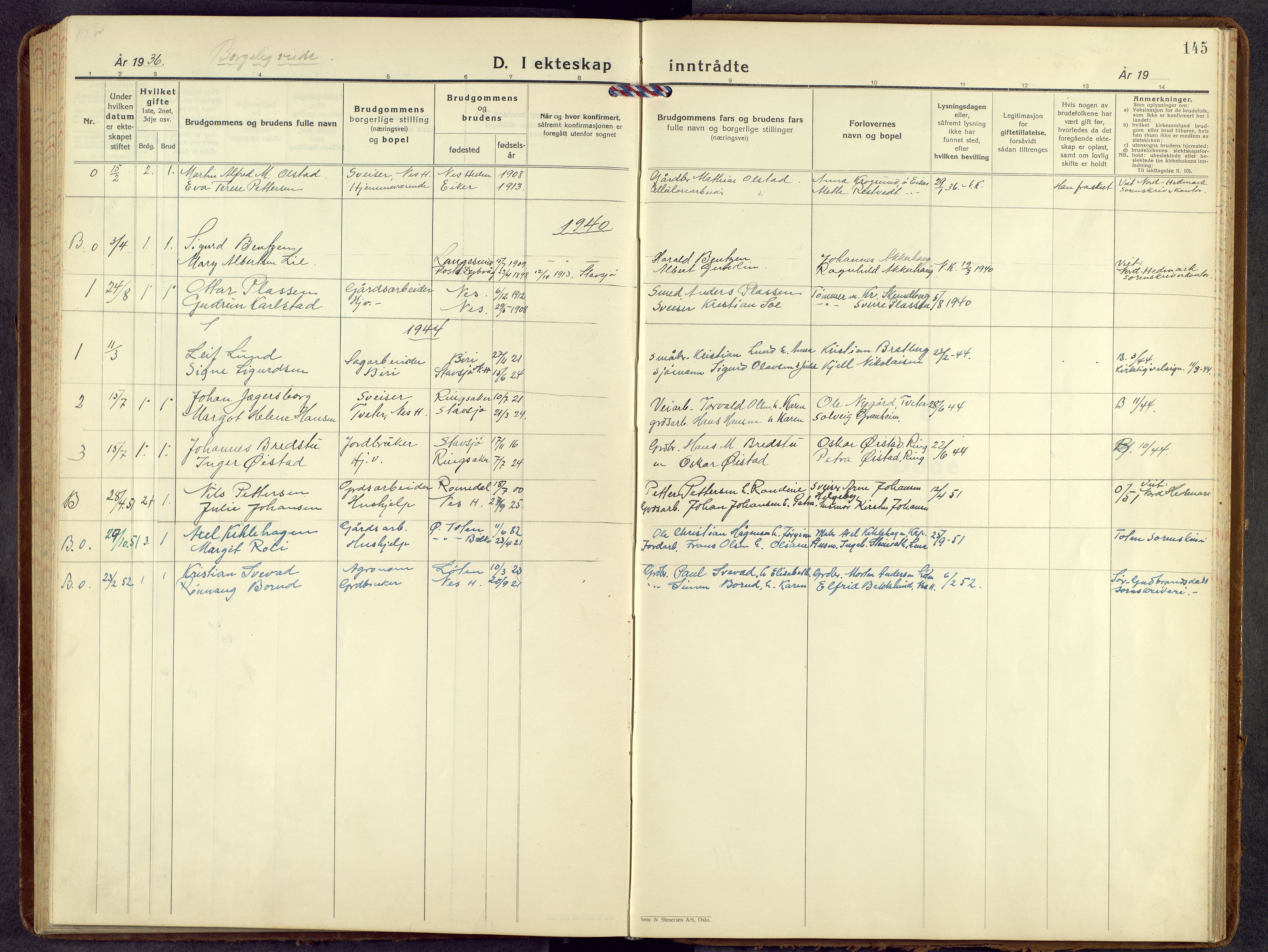 Nes prestekontor, Hedmark, SAH/PREST-020/L/La/L0012: Parish register (copy) no. 12, 1936-1958, p. 145