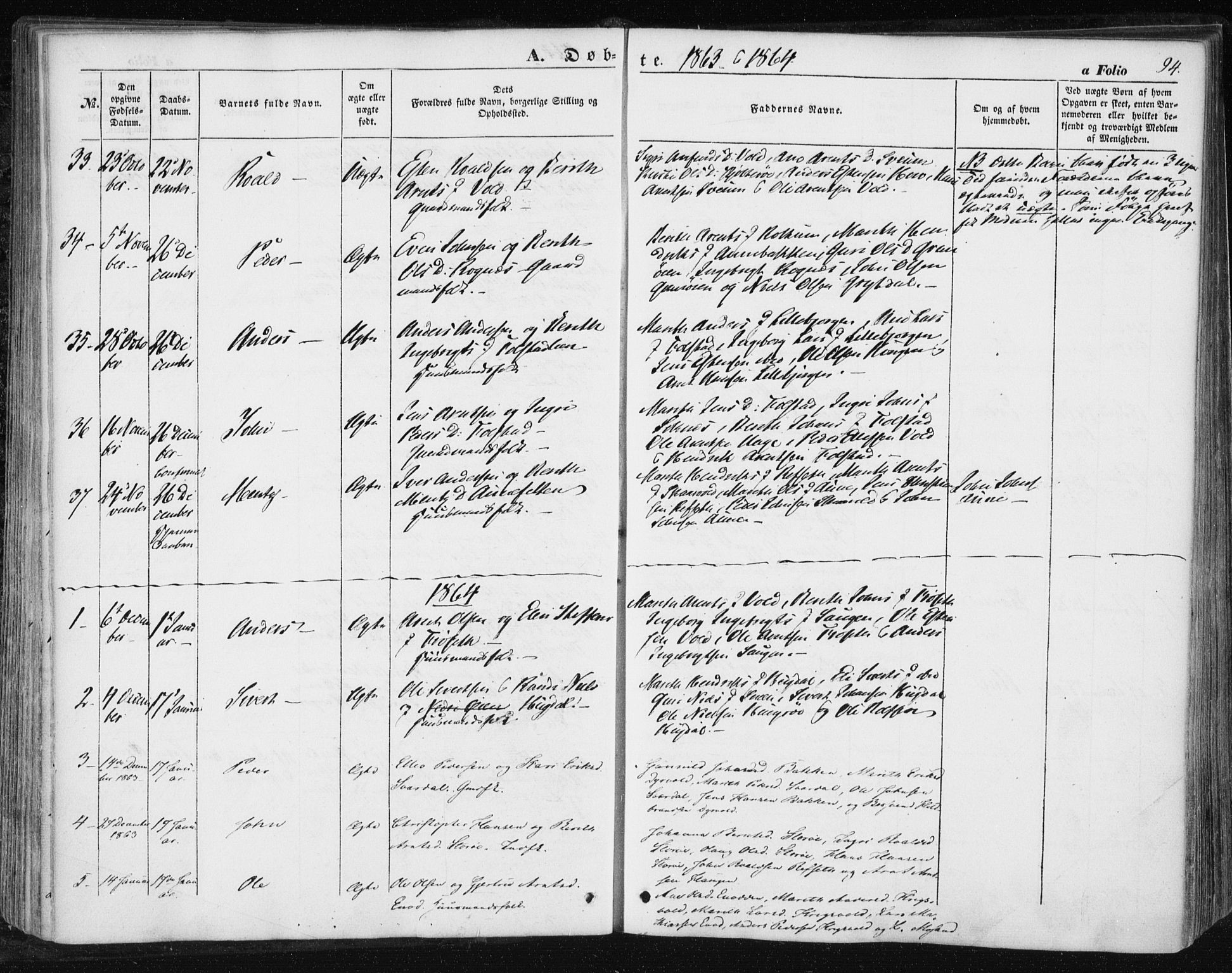 Ministerialprotokoller, klokkerbøker og fødselsregistre - Sør-Trøndelag, SAT/A-1456/687/L1000: Parish register (official) no. 687A06, 1848-1869, p. 94