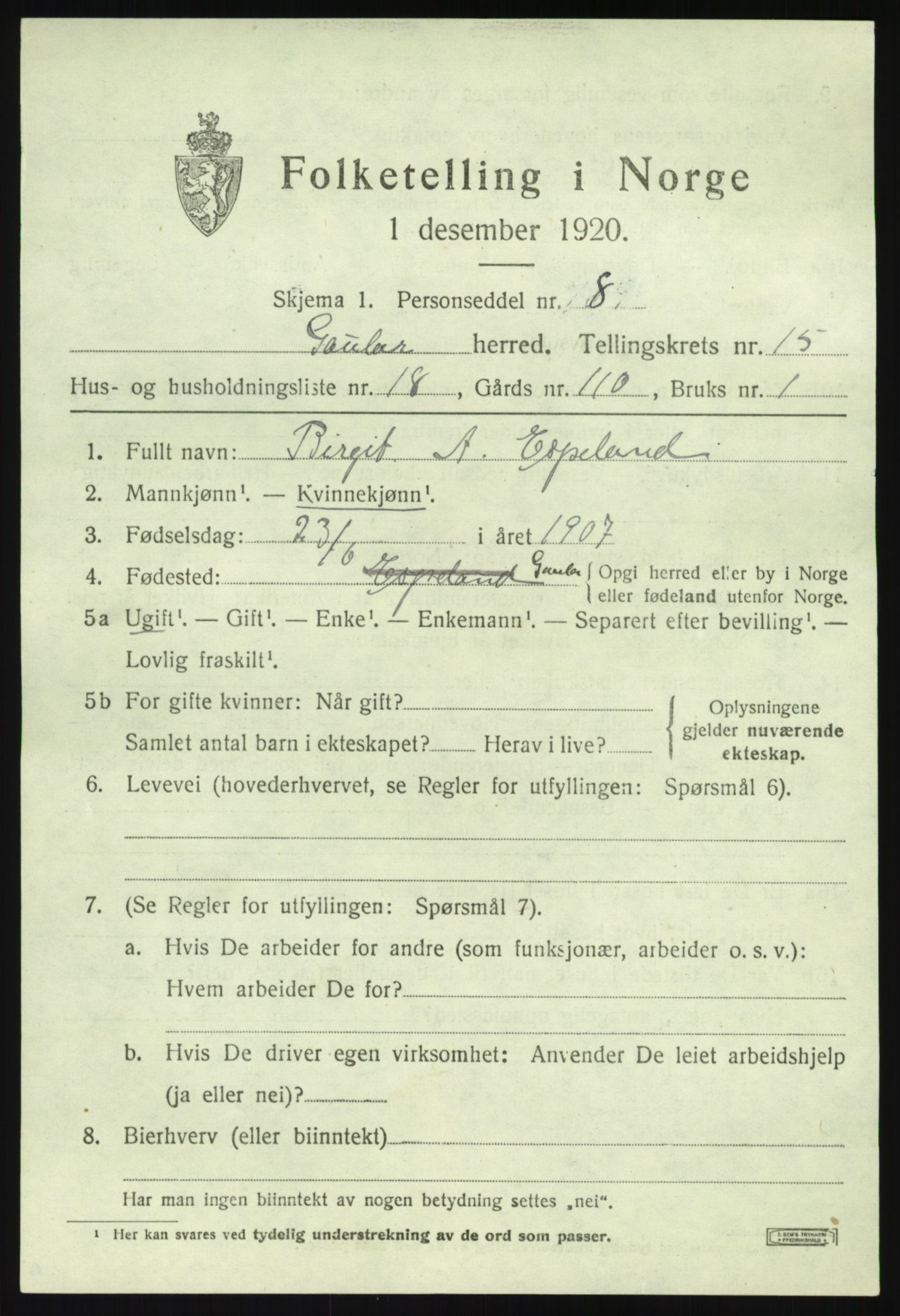 SAB, 1920 census for Gaular, 1920, p. 6894