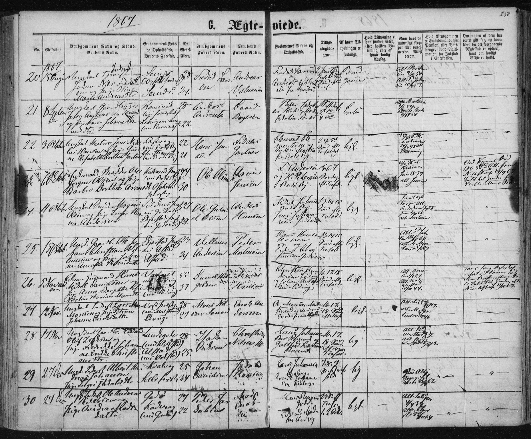 Ministerialprotokoller, klokkerbøker og fødselsregistre - Nordland, SAT/A-1459/801/L0008: Parish register (official) no. 801A08, 1864-1875, p. 250