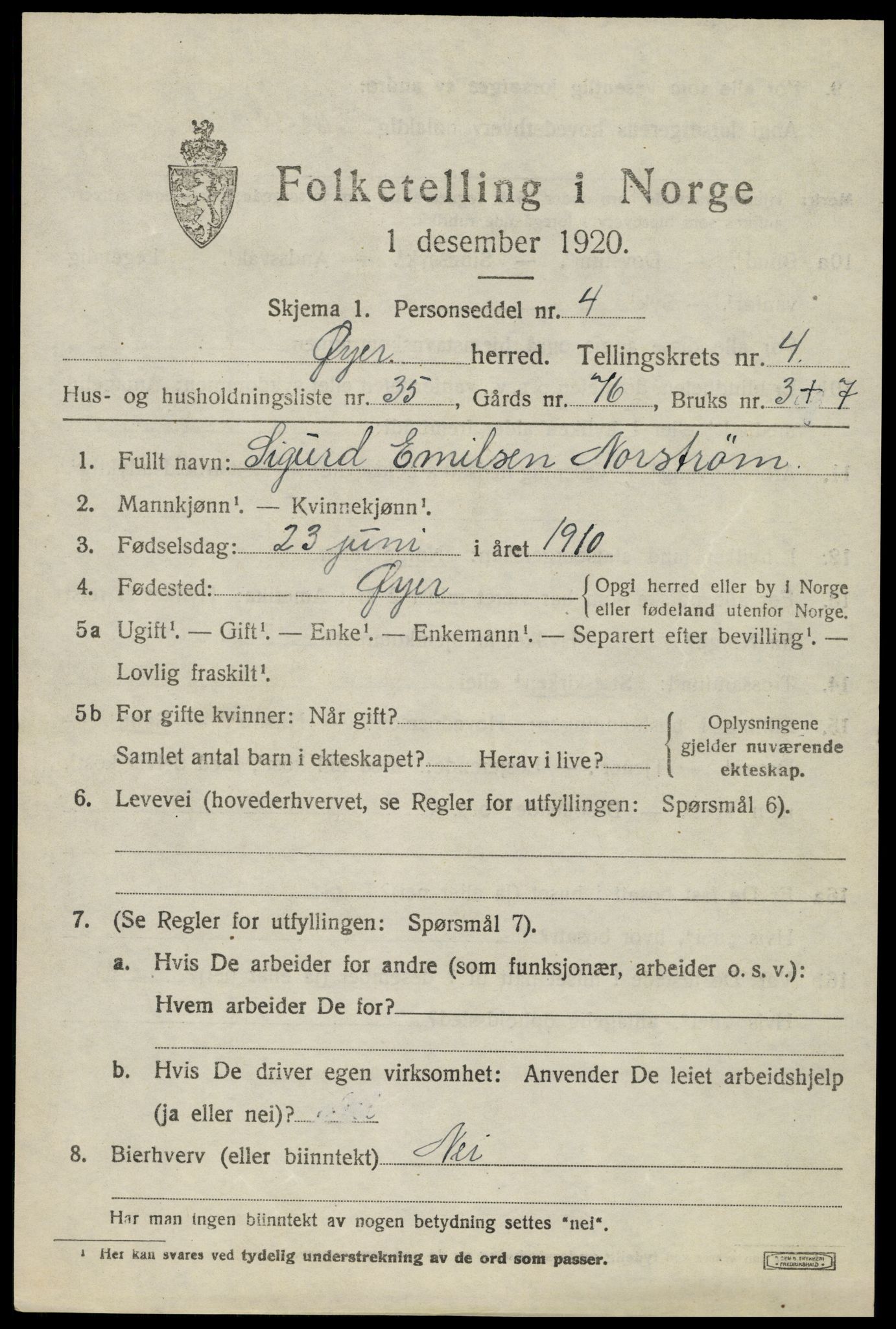 SAH, 1920 census for Øyer, 1920, p. 4257