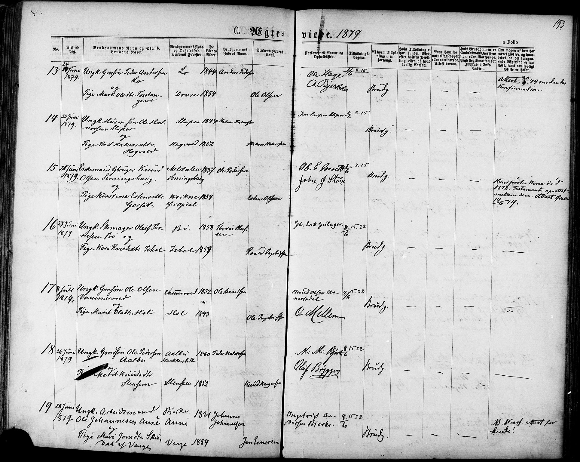 Ministerialprotokoller, klokkerbøker og fødselsregistre - Sør-Trøndelag, SAT/A-1456/678/L0900: Parish register (official) no. 678A09, 1872-1881, p. 193