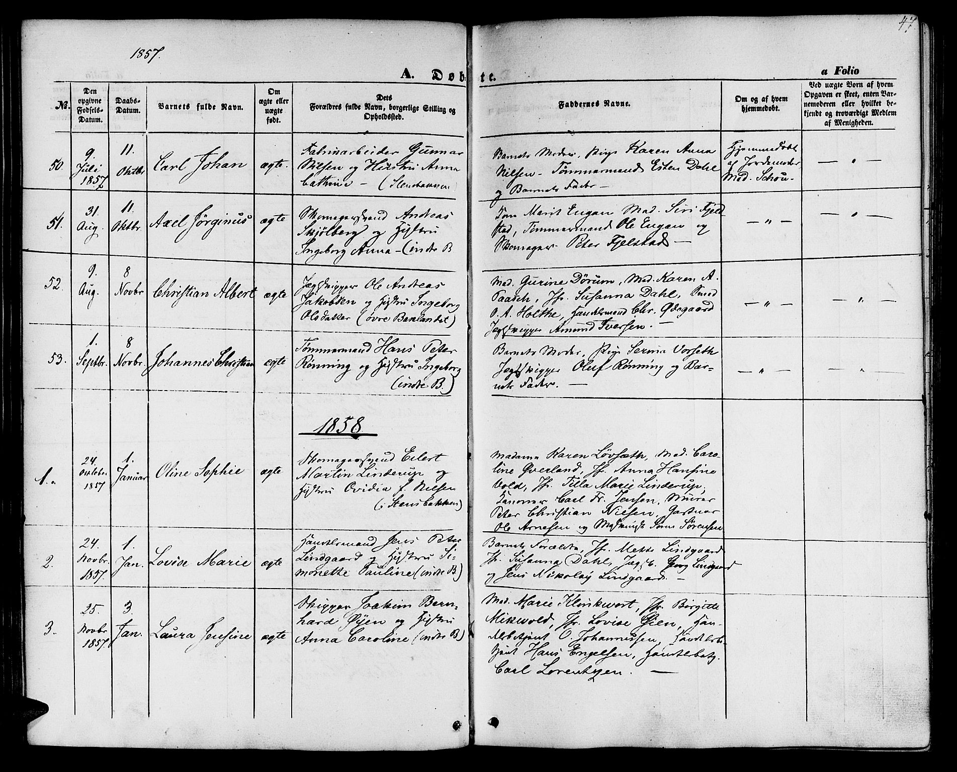 Ministerialprotokoller, klokkerbøker og fødselsregistre - Sør-Trøndelag, SAT/A-1456/604/L0184: Parish register (official) no. 604A05, 1851-1860, p. 47