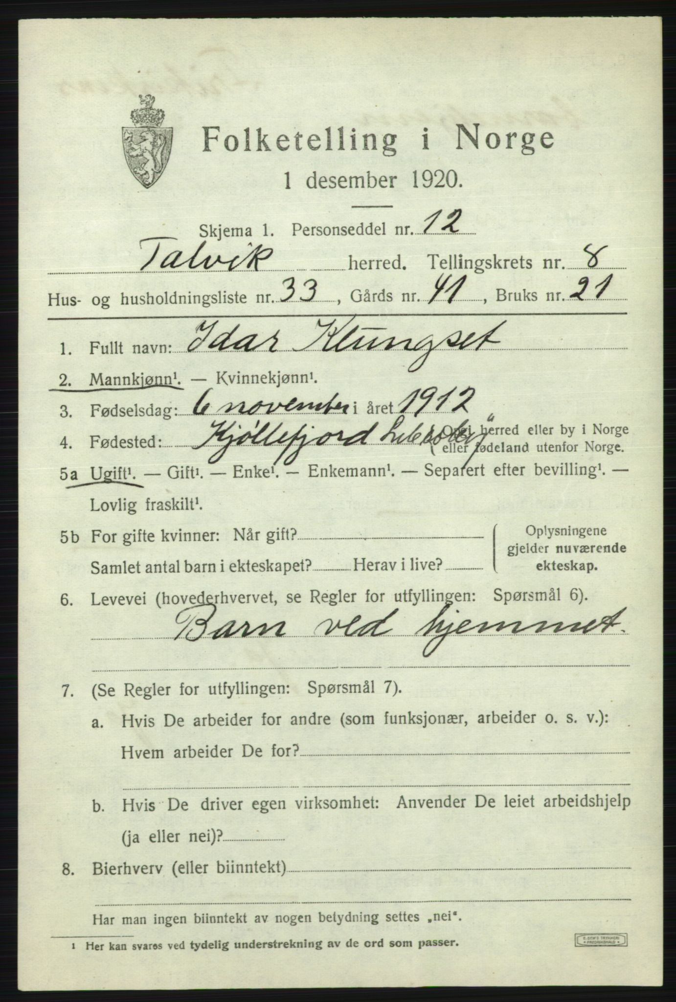 SATØ, 1920 census for Talvik, 1920, p. 5356