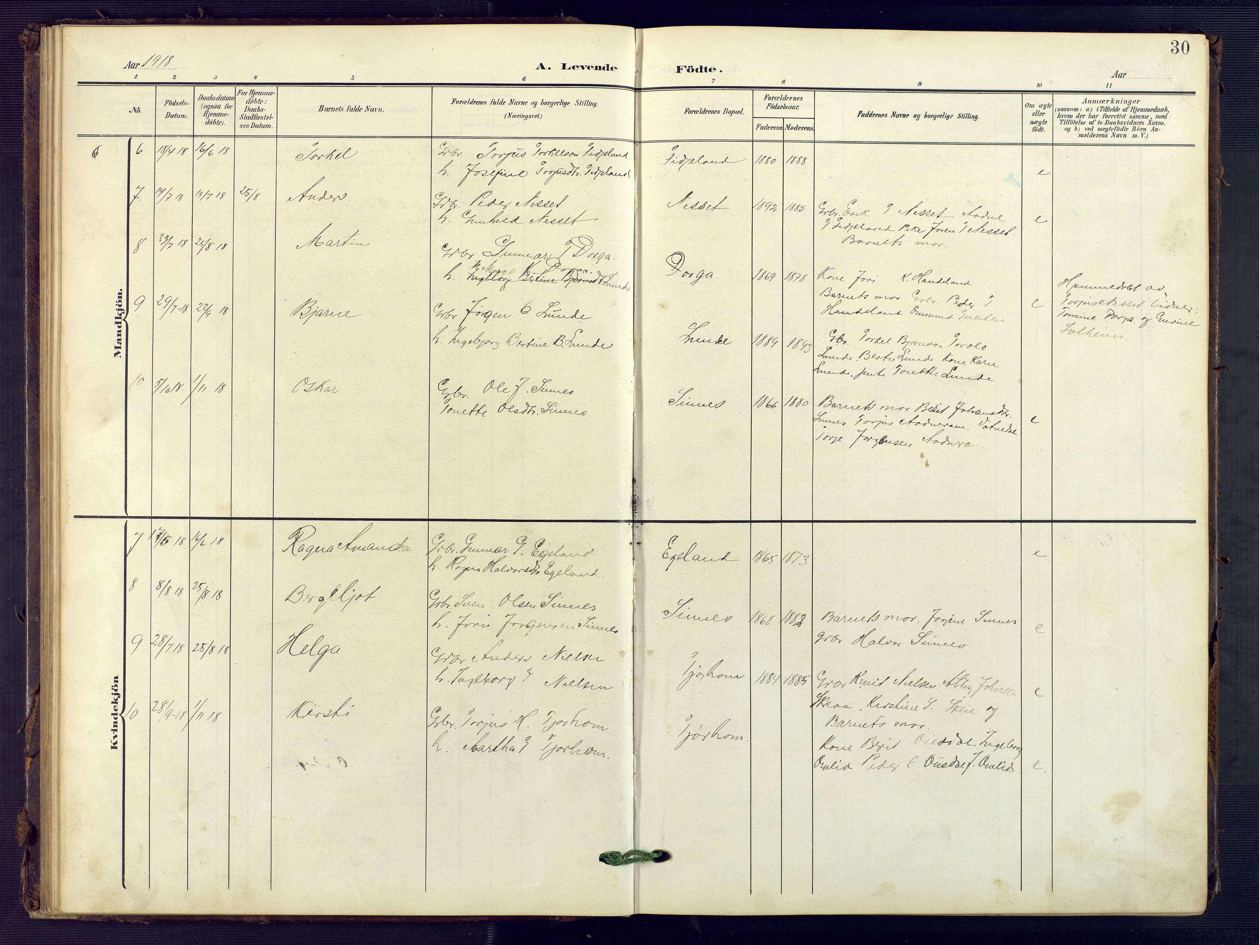 Sirdal sokneprestkontor, SAK/1111-0036/F/Fb/Fba/L0002: Parish register (copy) no. B 2, 1905-1958, p. 30