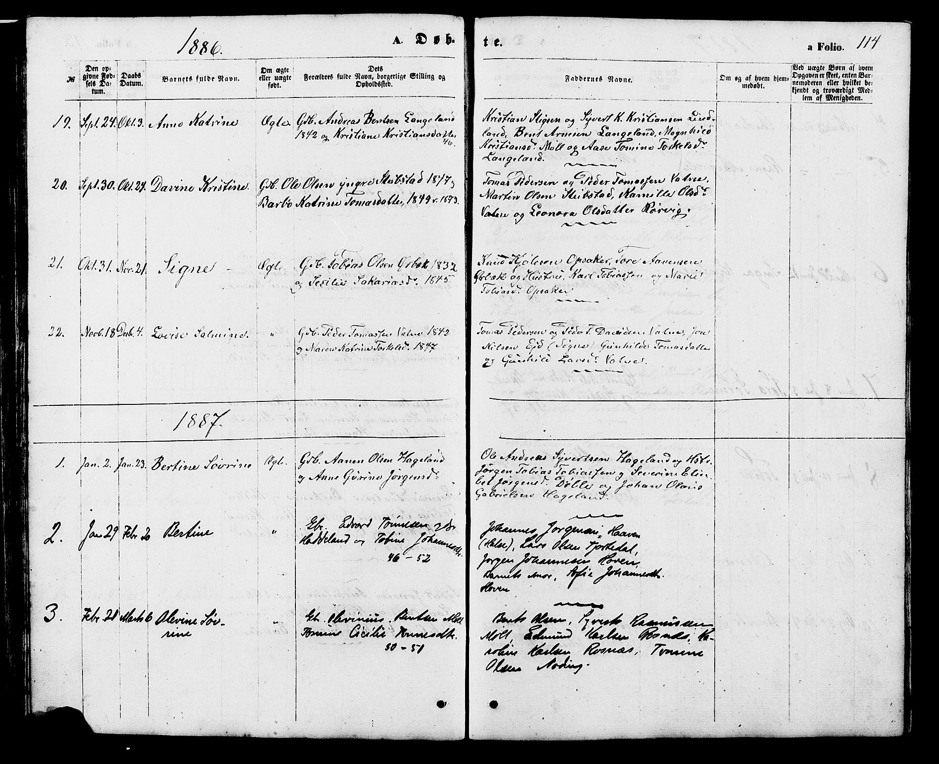 Holum sokneprestkontor, SAK/1111-0022/F/Fb/Fba/L0004: Parish register (copy) no. B 4, 1867-1890, p. 114