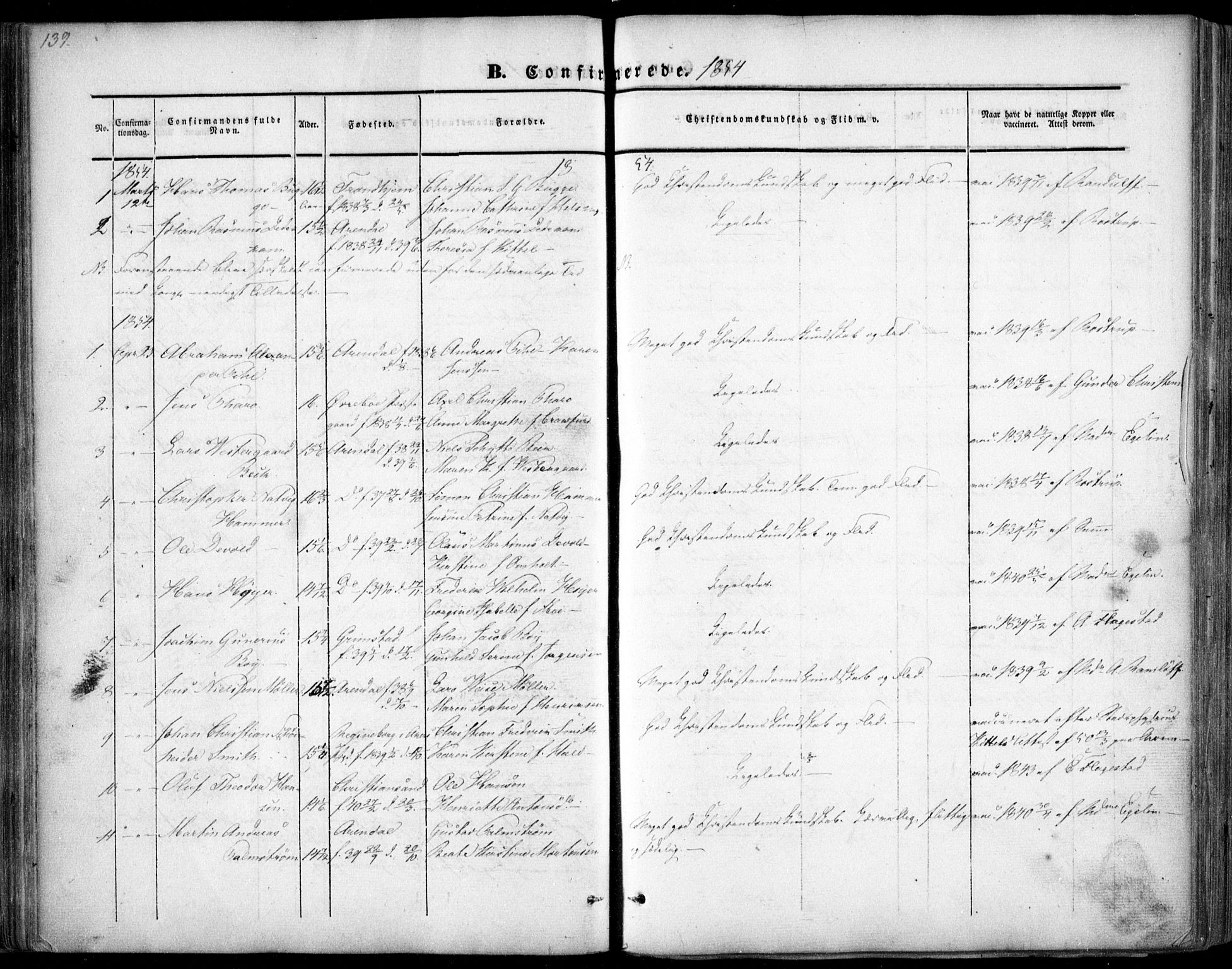 Arendal sokneprestkontor, Trefoldighet, SAK/1111-0040/F/Fa/L0005: Parish register (official) no. A 5, 1838-1854, p. 139