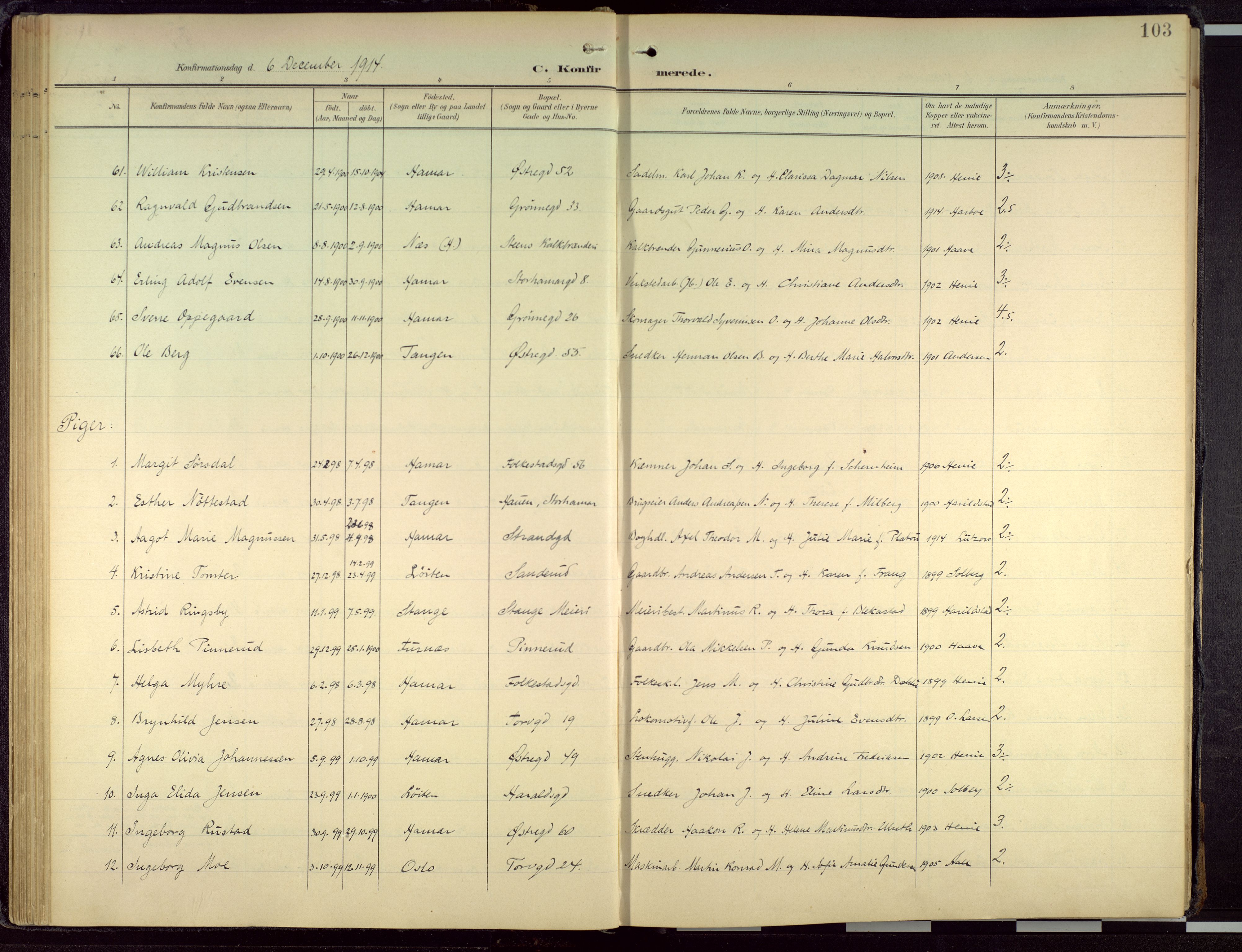 Hamar prestekontor, AV/SAH-DOMPH-002/H/Ha/Haa/L0004: Parish register (official) no. 4, 1899-1973, p. 103